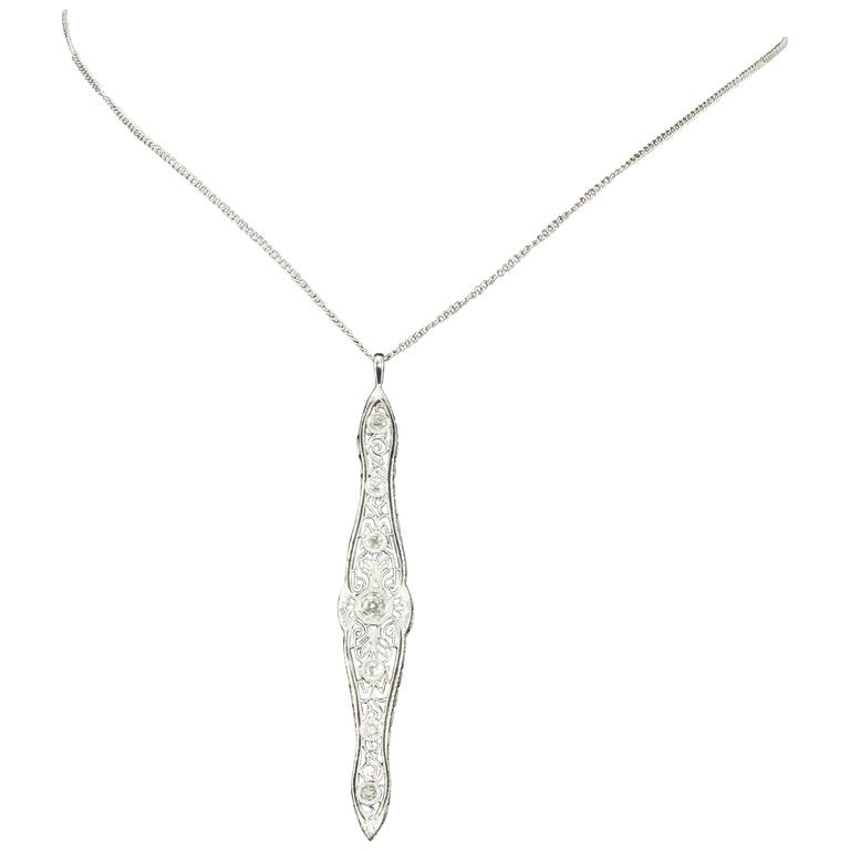 Art Deco 14k White Gold and Old European Cut Diamond Filigree Conversion Pendant - Queen May