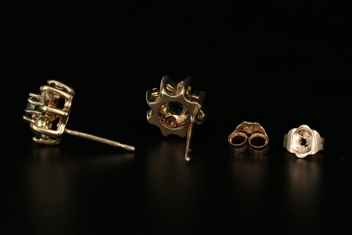 14K Yellow Gold Emerald & Diamond Flower Stud Earrings - Queen May