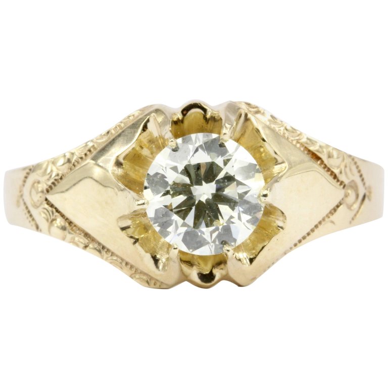 Victorian 10K Yellow Gold 1.2 CT Belcher Mount Old European Cut Diamond Ring Size 11 - Queen May