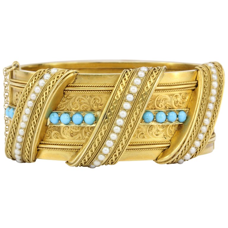 Victorian 18K Yellow Gold Persian Turquoise & Seed Pearl Pierced Bangle Bracelet - Queen May