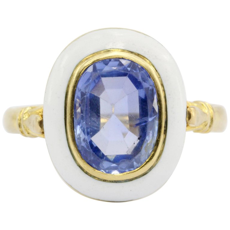 GIA Natural No Heat 2.1 Carat Natural Blue Burma Sapphire Victorian Gold Enamel Ring c.1890 - Queen May