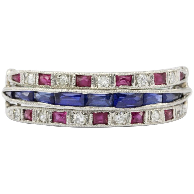 Art Deco Platinum Diamond Emerald Sapphire Ruby Flip Swivel Ring Eternity Band - Queen May