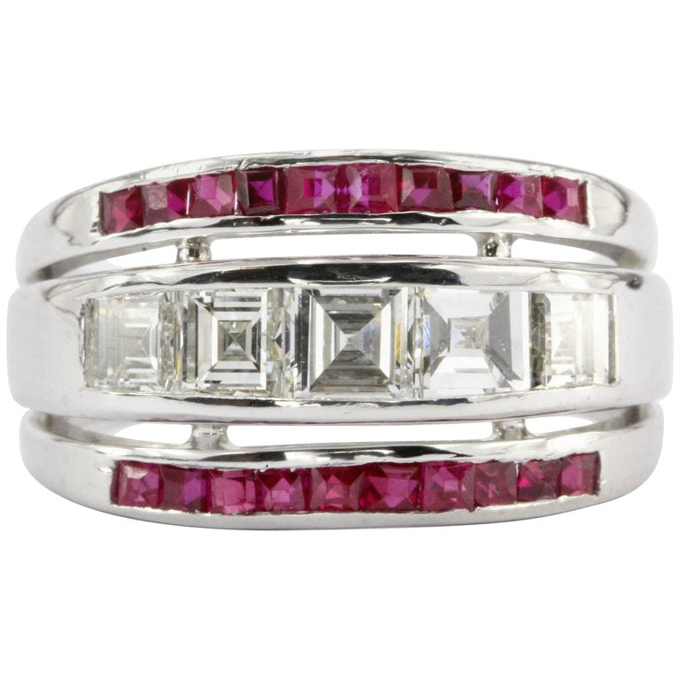 Art Deco Platinum Carre Cut Diamonds & Ruby Triple Row Band Ring c.1930's - Queen May