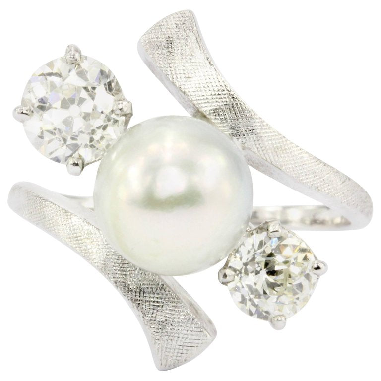 Retro 14K White Gold Old European Diamond & 8.6mm Silver Pearl Ring - Queen May