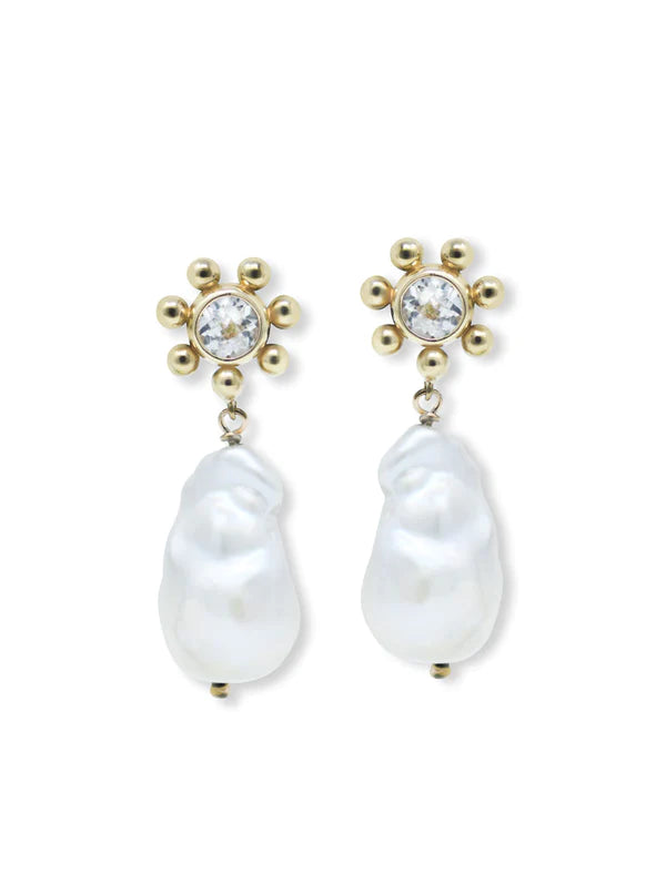 14K Yellow Gold Dew Drop Marine Pearl & Topaz Earrings - Queen May