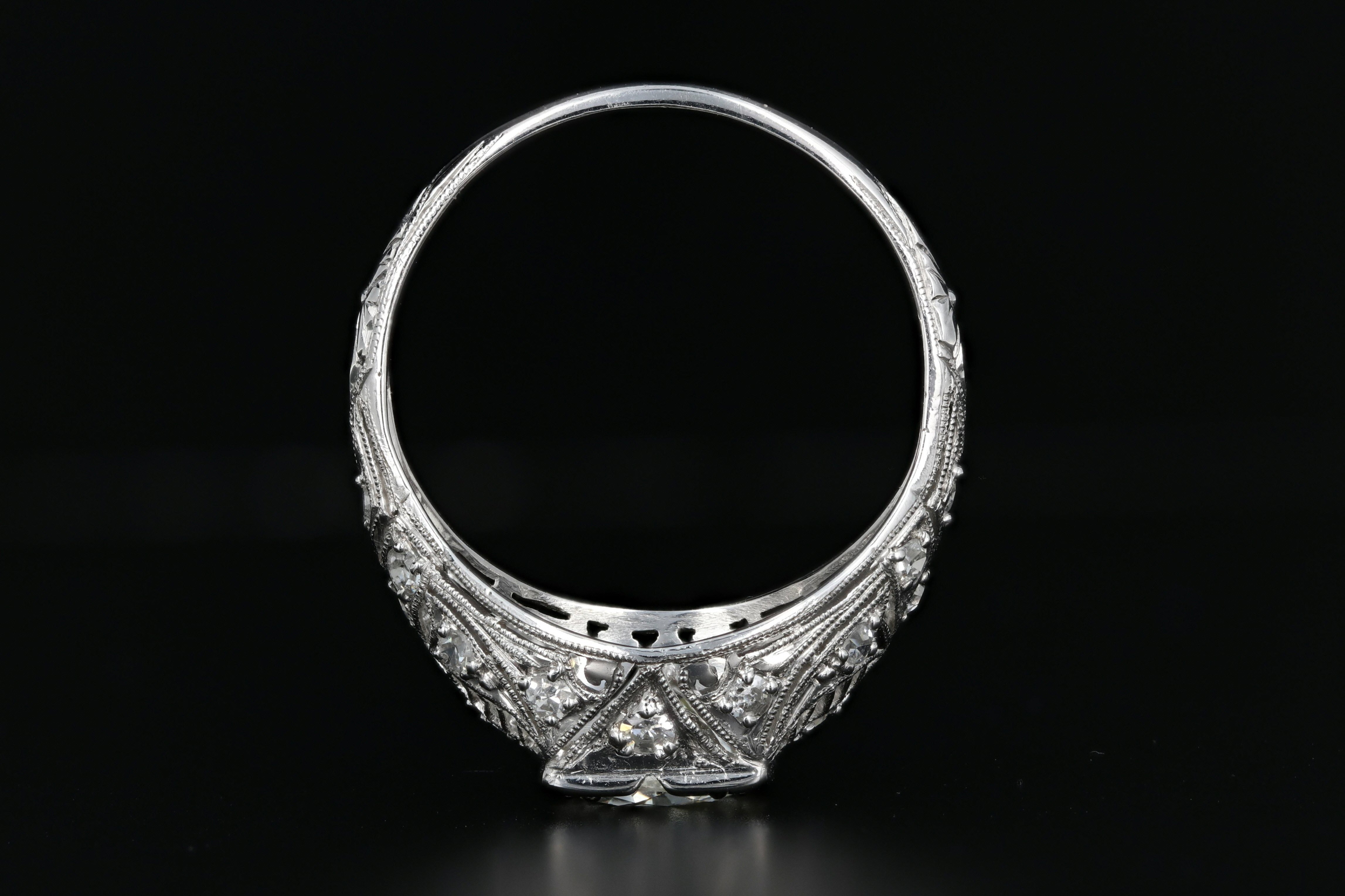 Art Deco Platinum 1.4 Carat Round Brilliant Cut Diamond Engagement Ring - Queen May