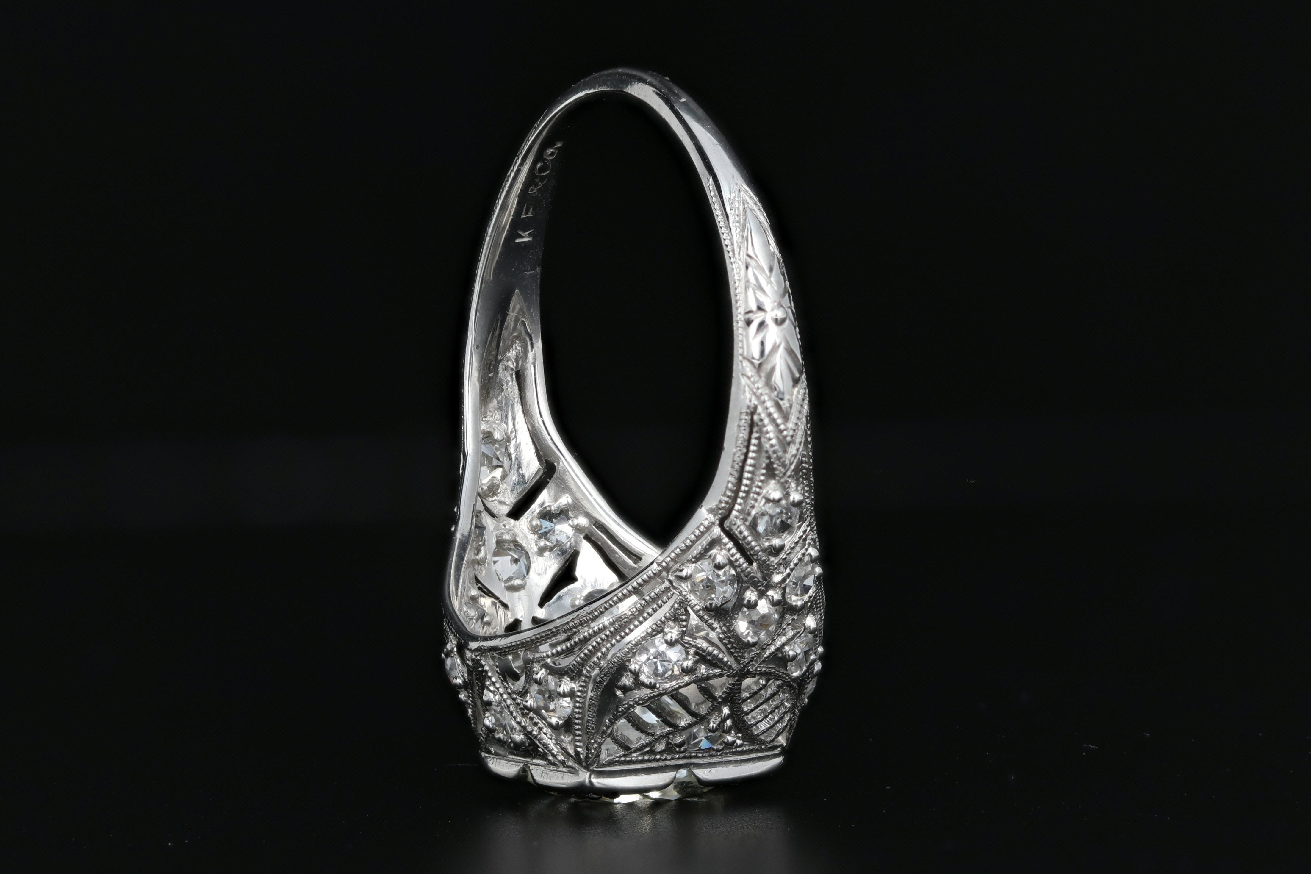 Art Deco Platinum 1.4 Carat Round Brilliant Cut Diamond Engagement Ring - Queen May