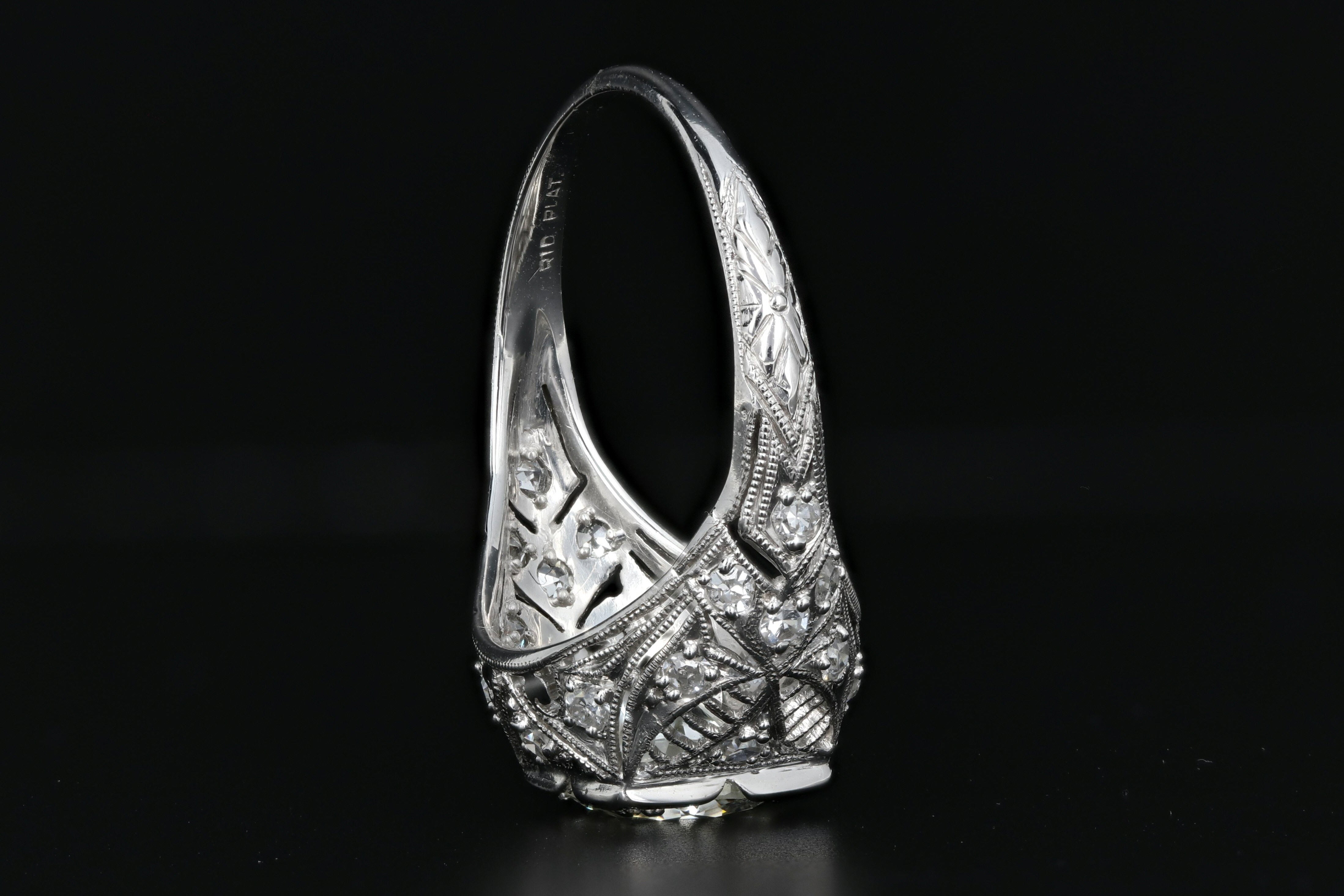Art Deco Platinum 1.4 Carat Round Brilliant Cut Diamond Engagement Ring - Queen May
