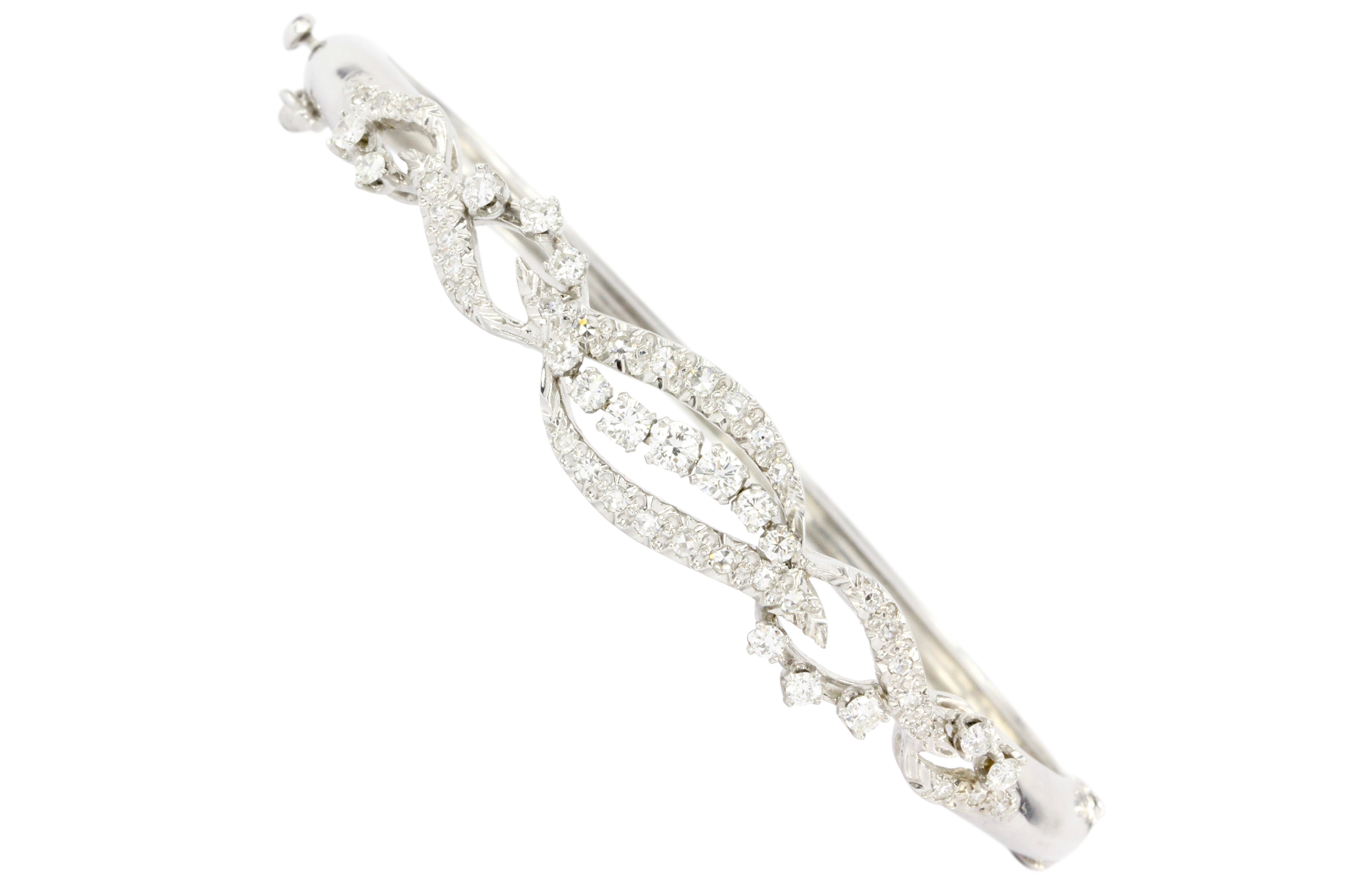 Retro 14K White Gold Diamond Bangle Bracelet - Queen May