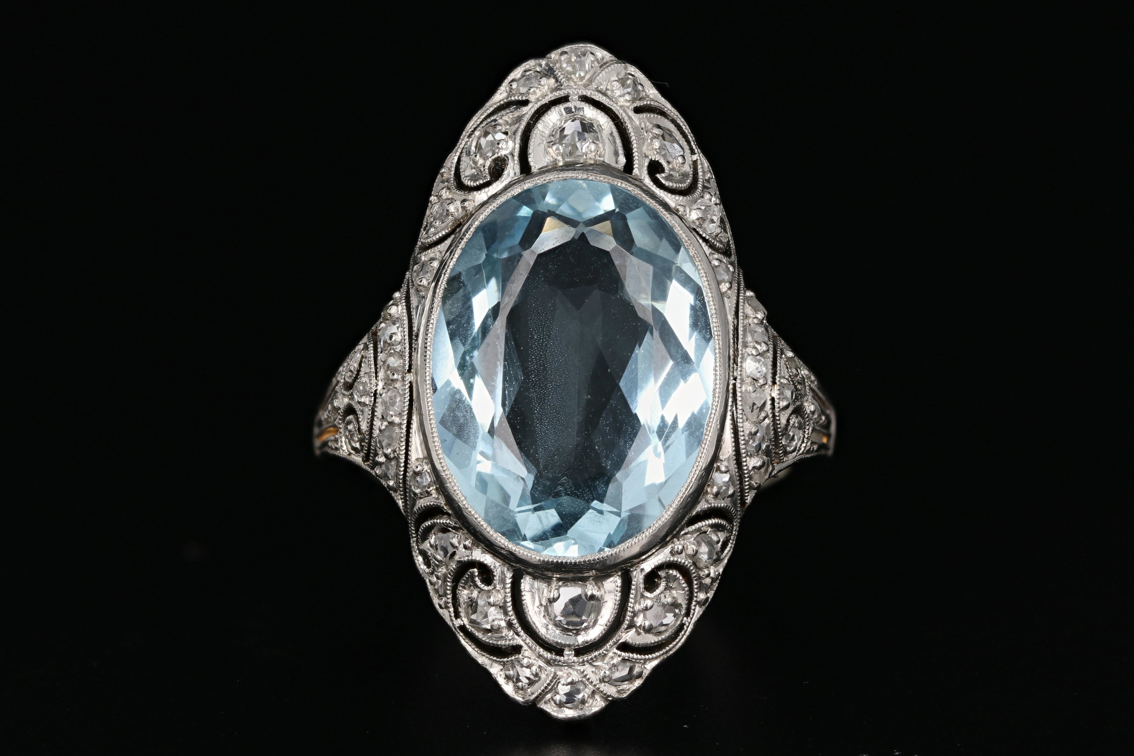 Art Deco Platinum 5.6 CT Aquamarine and Single Cut Diamond Ring - Queen May