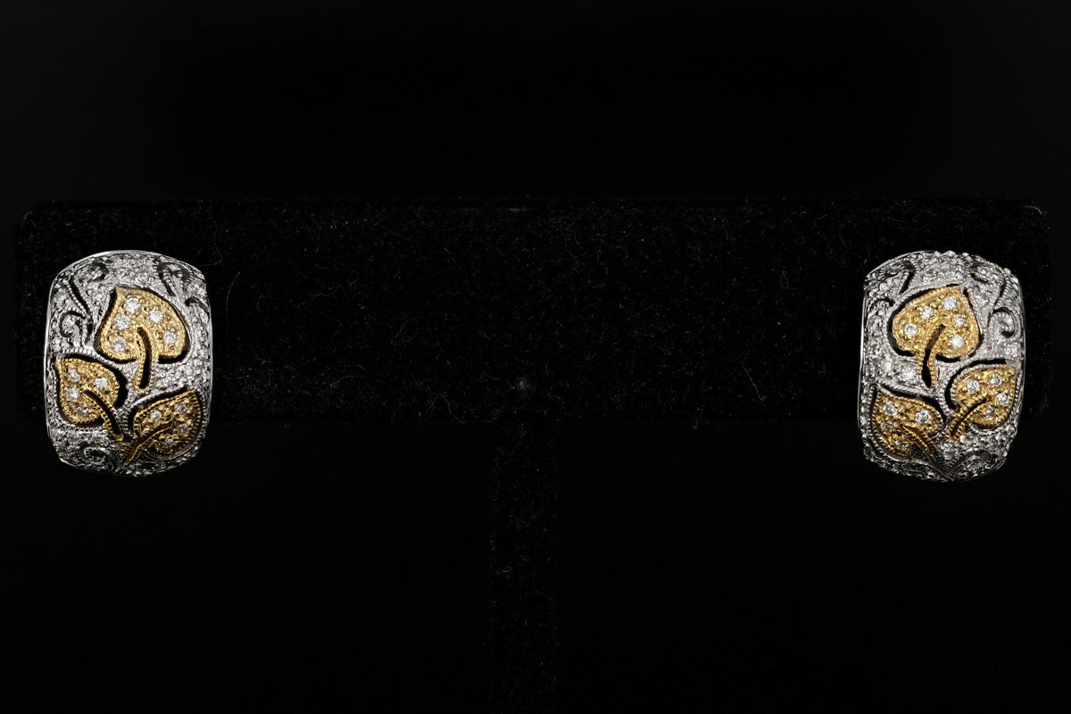 18K Yellow & White Gold Leaf Design Diamond Huggie Hoop Earrings - Queen May