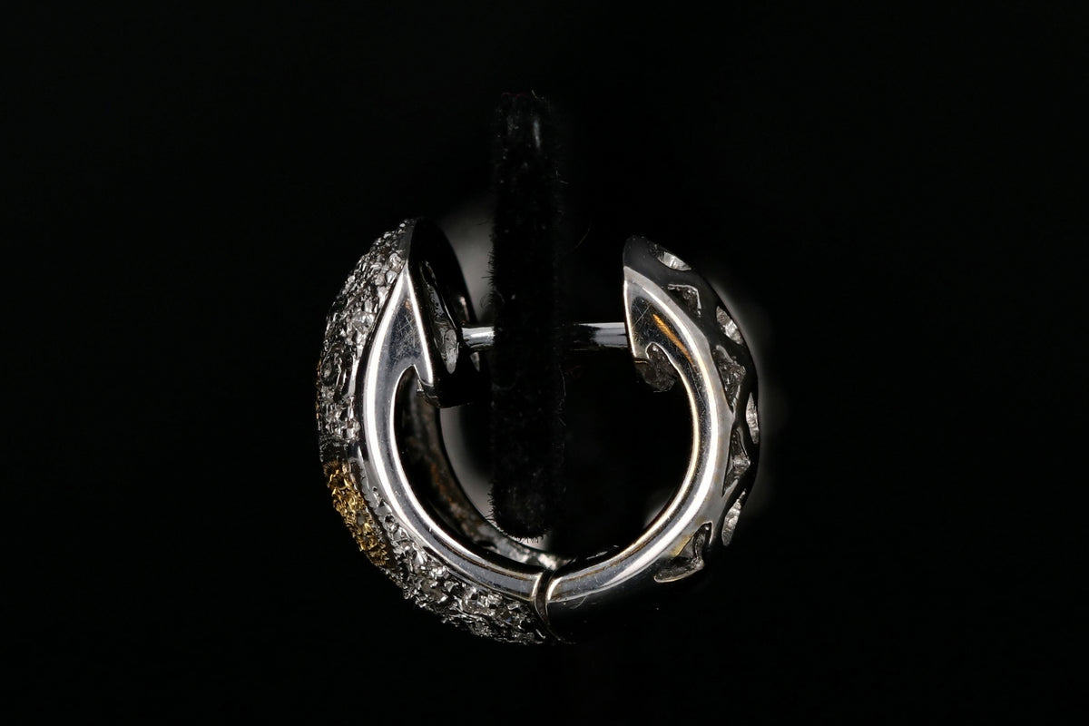 18K Yellow & White Gold Leaf Design Diamond Huggie Hoop Earrings - Queen May