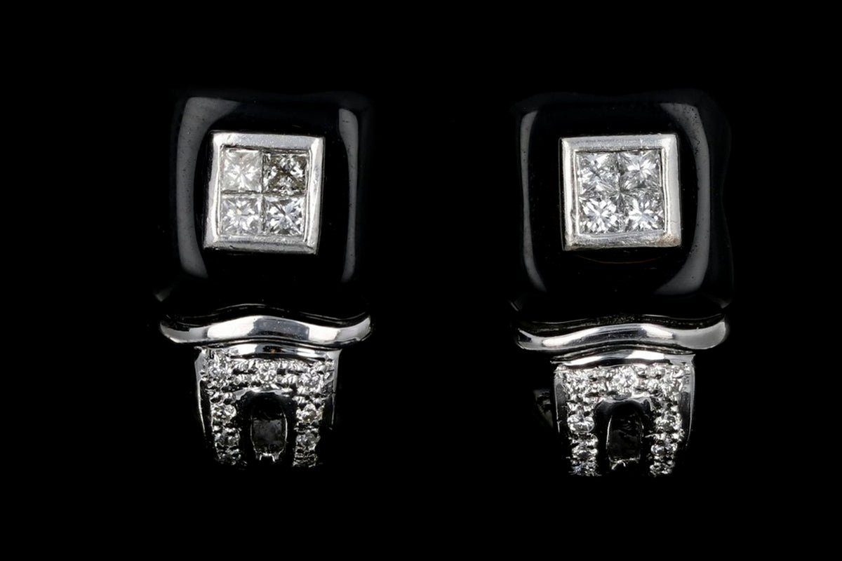 18K White Gold .50 CTW Diamond & Onyx Earrings - Queen May