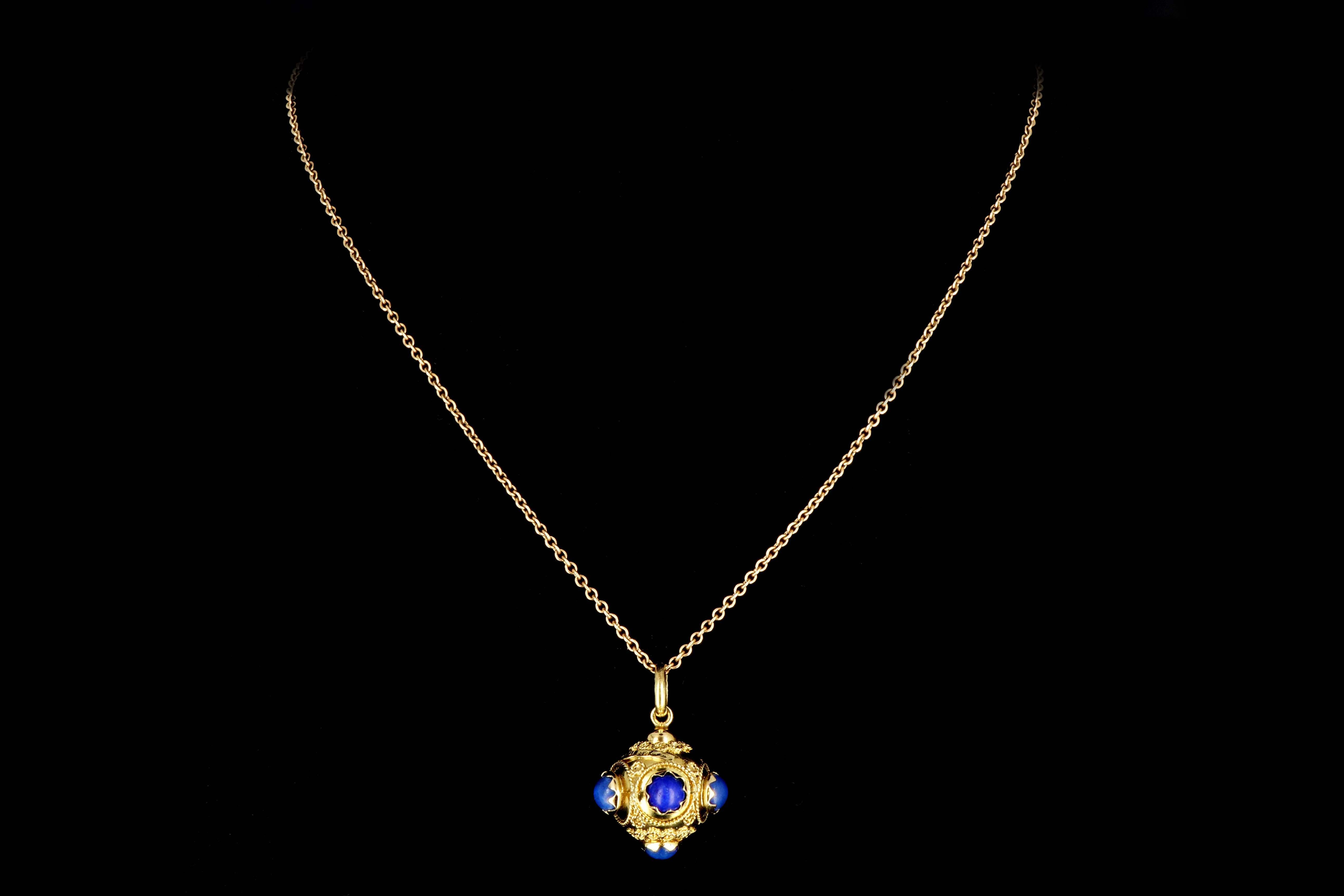 Etruscan Style 18K Yellow Gold Lapis Lazuli Charm and Necklace - Queen May