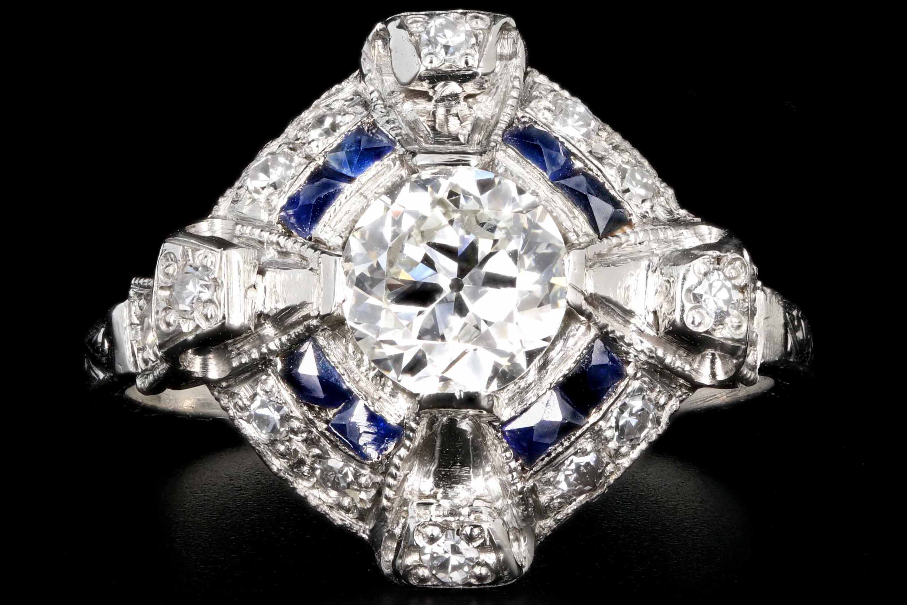 Art Deco Platinum .76 CTR Old European Cut Diamond and Sapphire Engagement Ring - Queen May