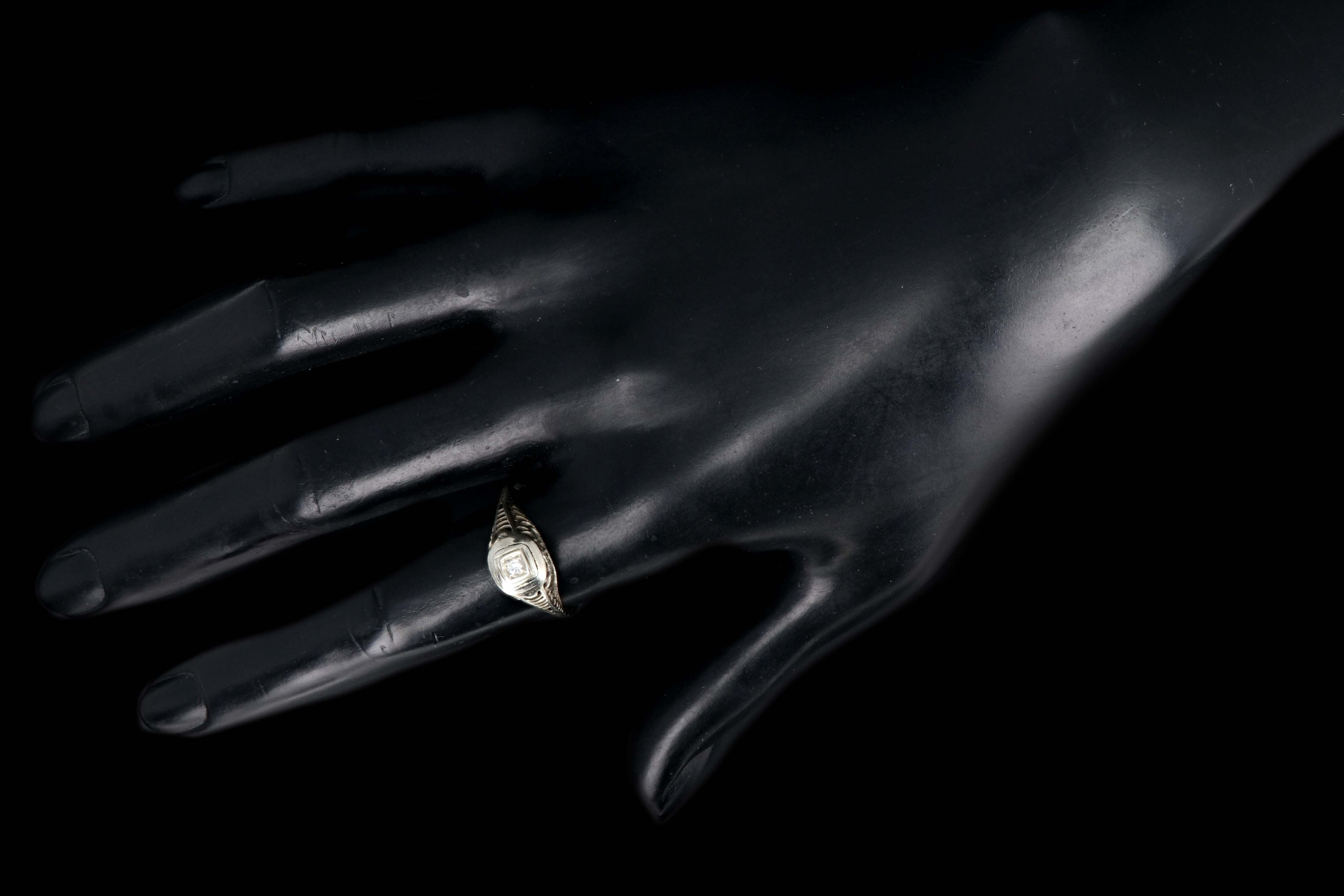 Art Deco 18K White Gold And 14K Shank .04 Carat Diamond Ring - Queen May