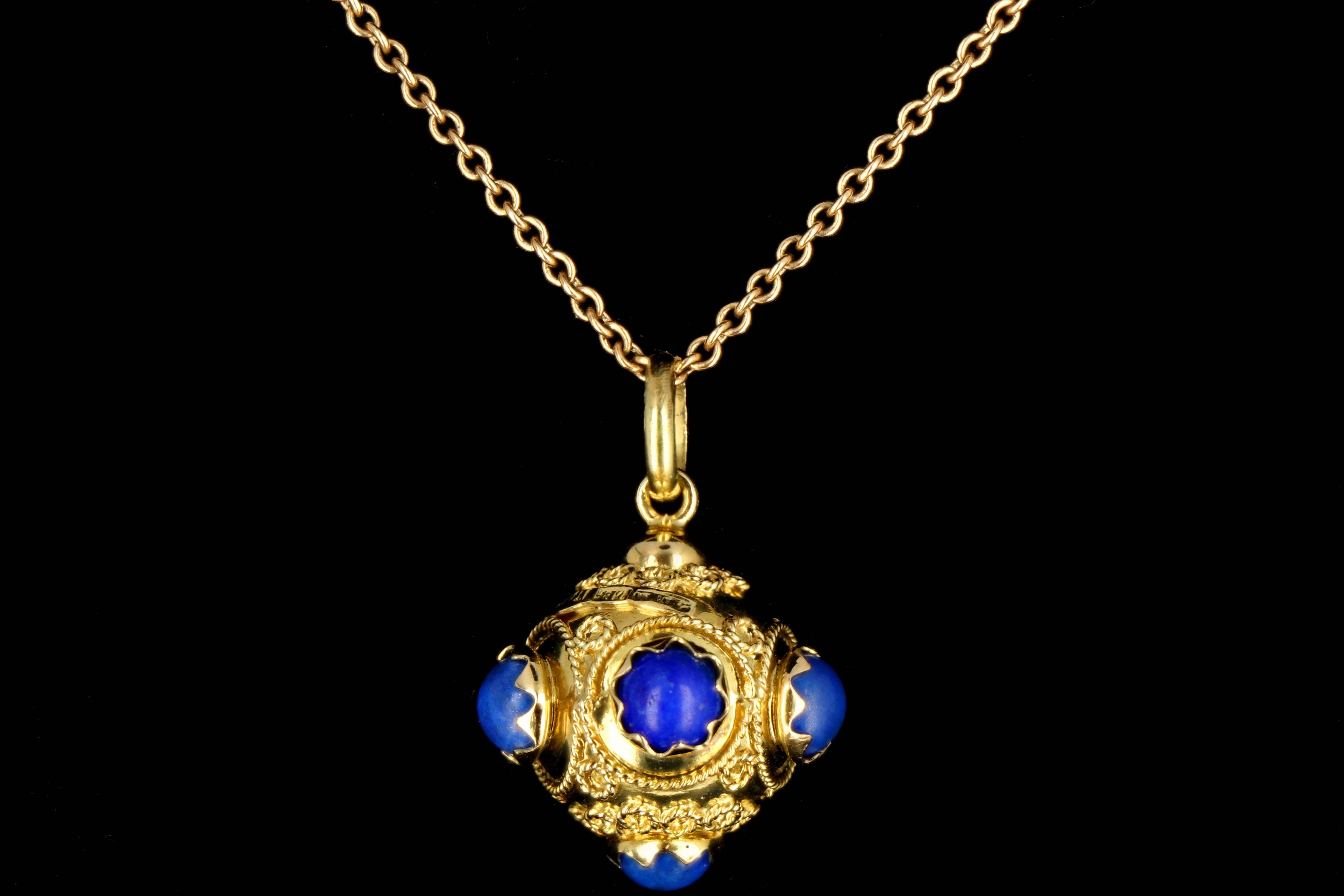 Etruscan Style 18K Yellow Gold Lapis Lazuli Charm and Necklace - Queen May