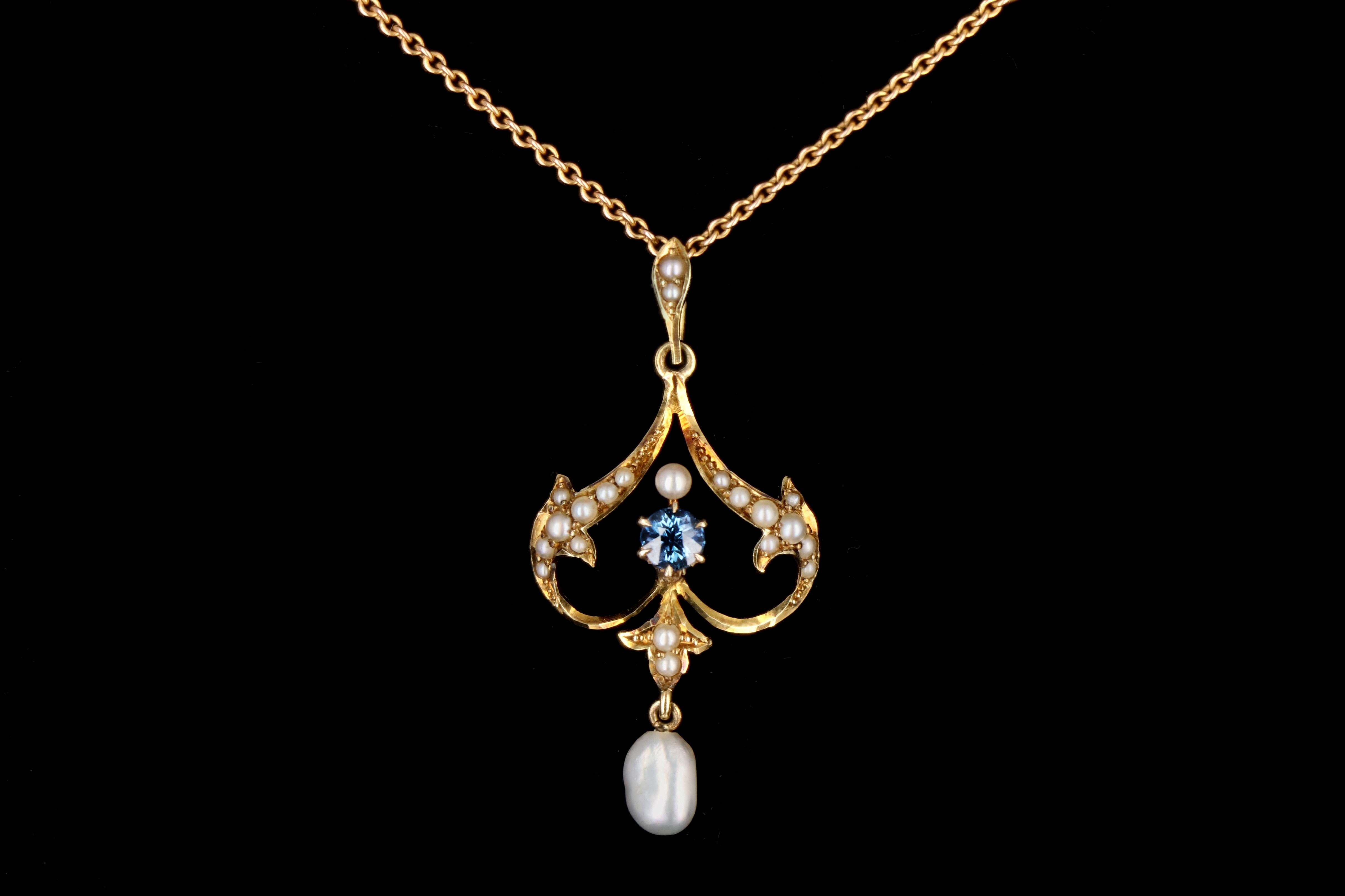 Victorian 14K Yellow Gold Lavalier Necklace With .15 Carat Natural Sapphire and Natural Pearls - Queen May