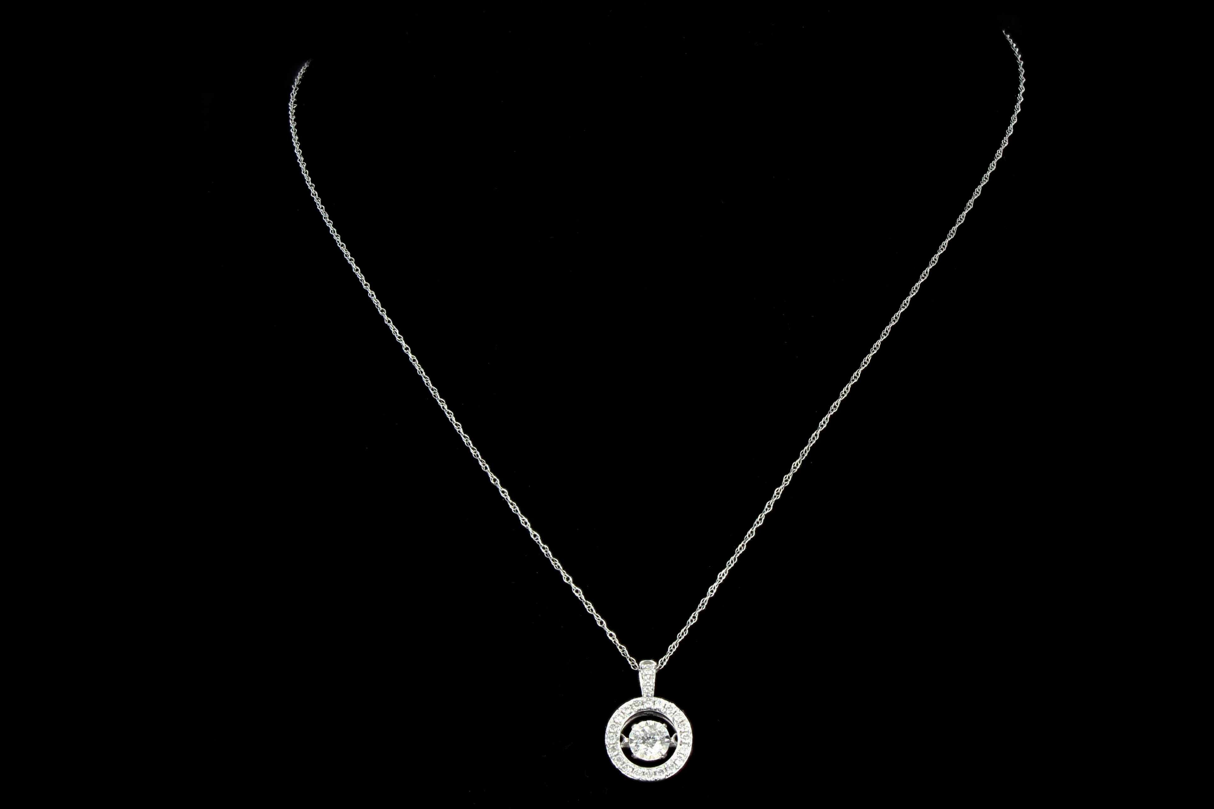 Modern 14K White Gold .30 CTR Round Brilliant Cut Diamond Halo Pendant Necklace - Queen May