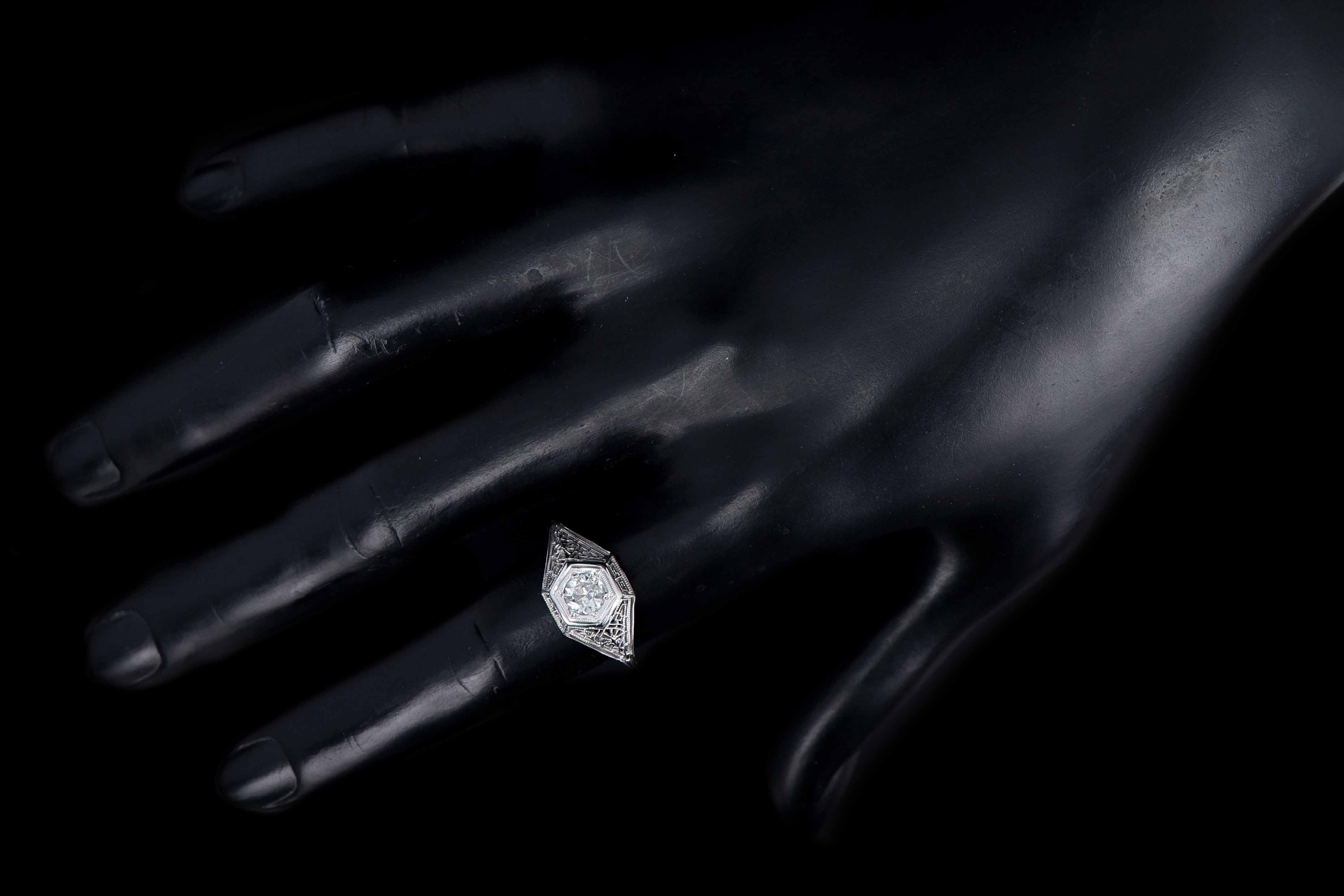 Art Deco 18K White Gold .30 Carat Old European Cut Diamond Filigree Ring - Queen May