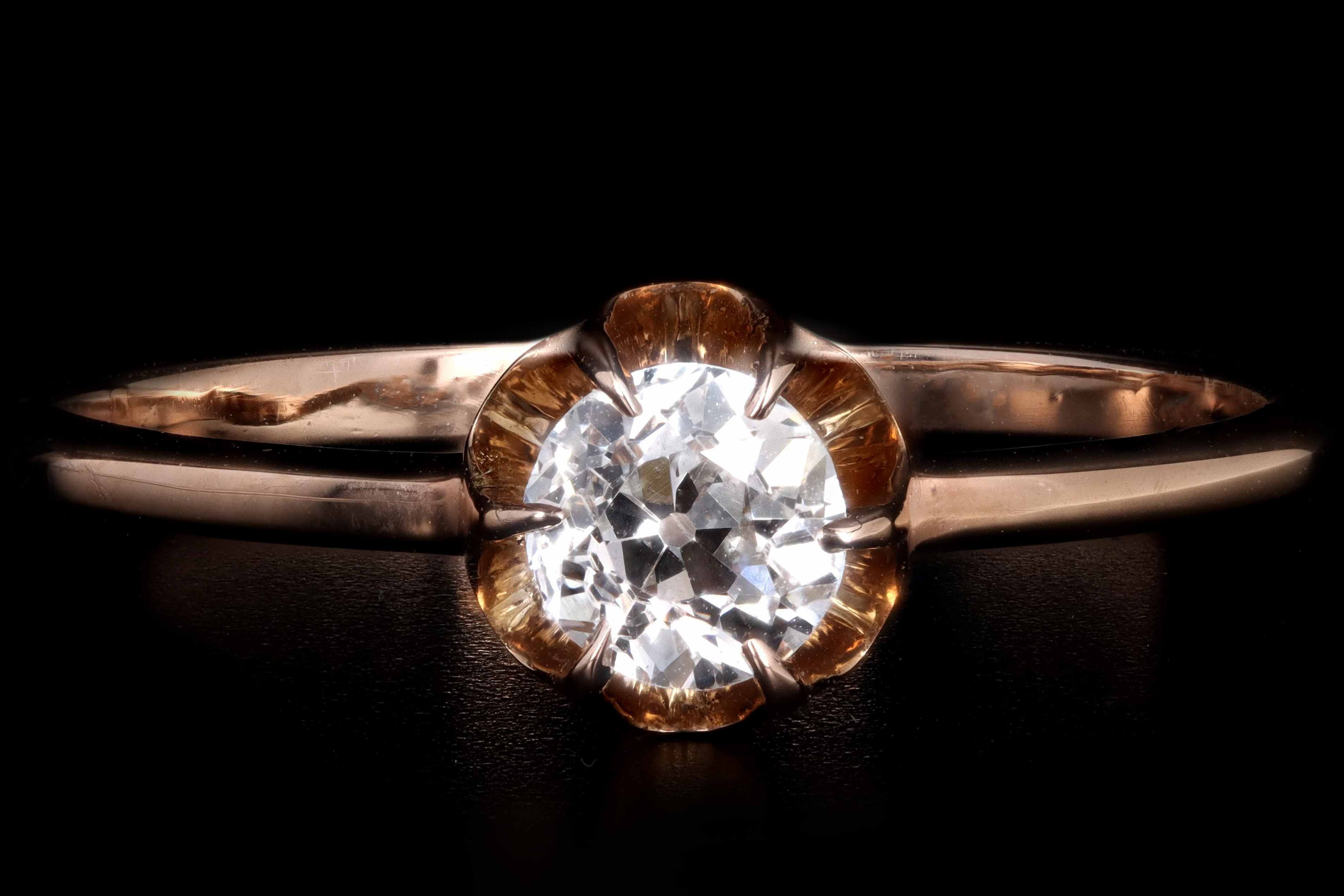 Victorian 14K Rose Gold .40 Carat Old Mine Cut Blecher Mounted Diamond Ring - Queen May