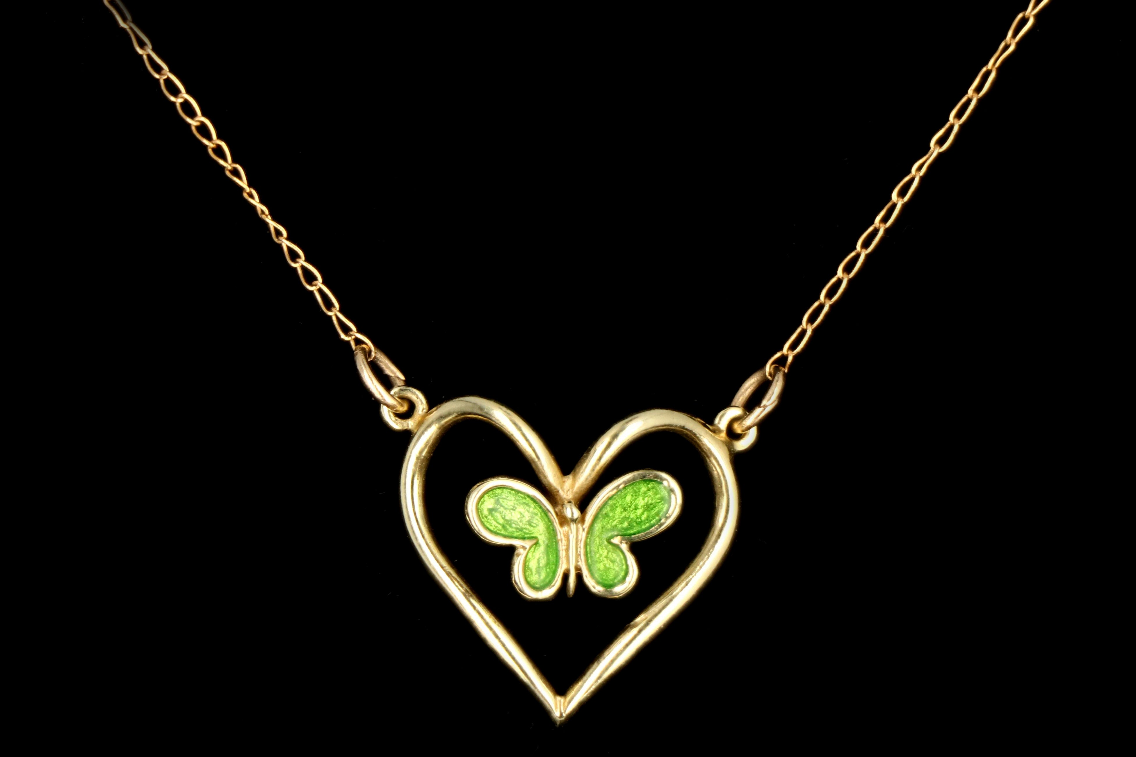 Modern 14K Yellow Gold Green Enamel Butterfly Necklace - Queen May