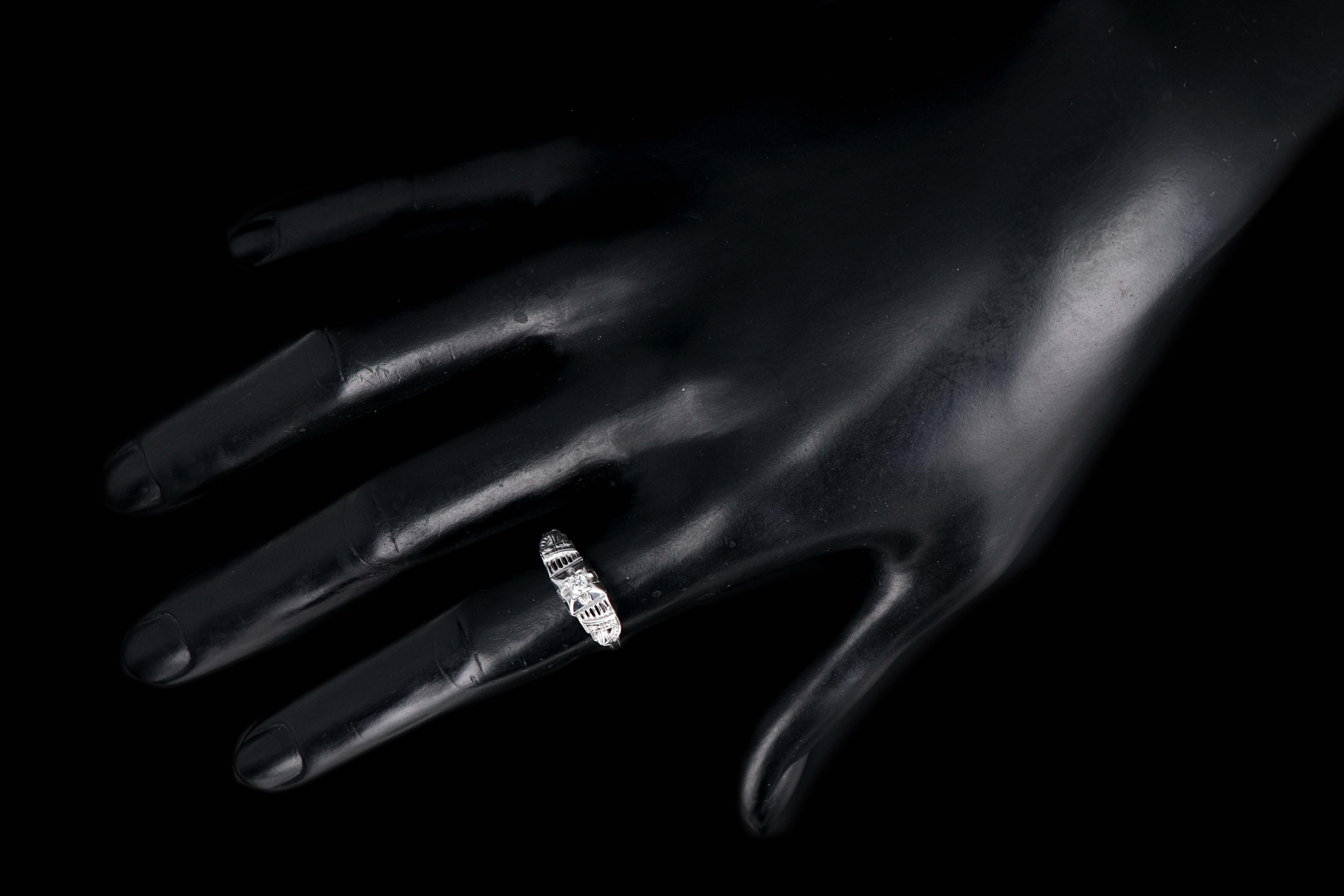 Art Deco 18K White Gold .10 CT Old Mine Cut Diamond Engagement Ring - Queen May