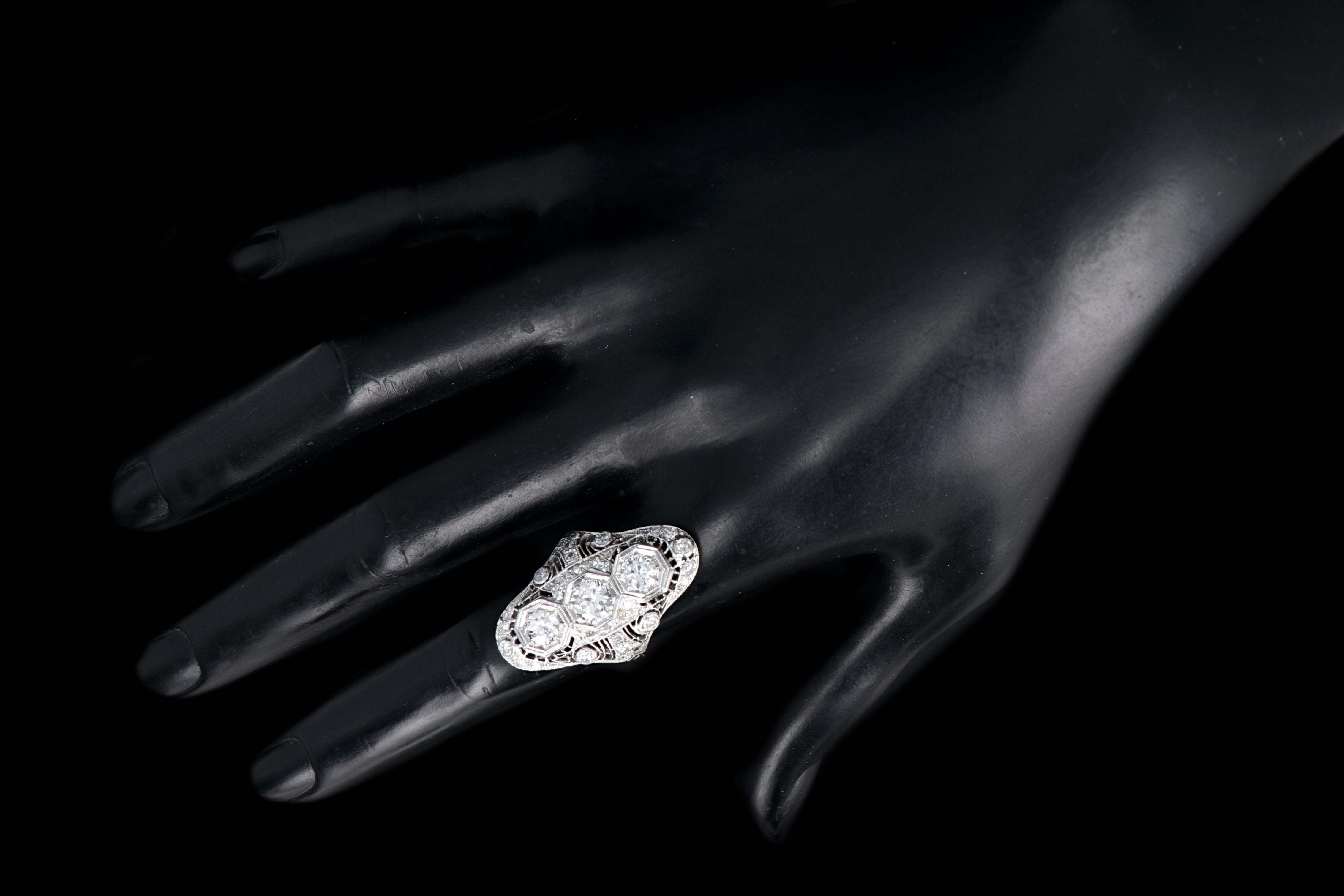 Art Deco Platinum 2 Carats in Total Diamond Shield Ring - Queen May