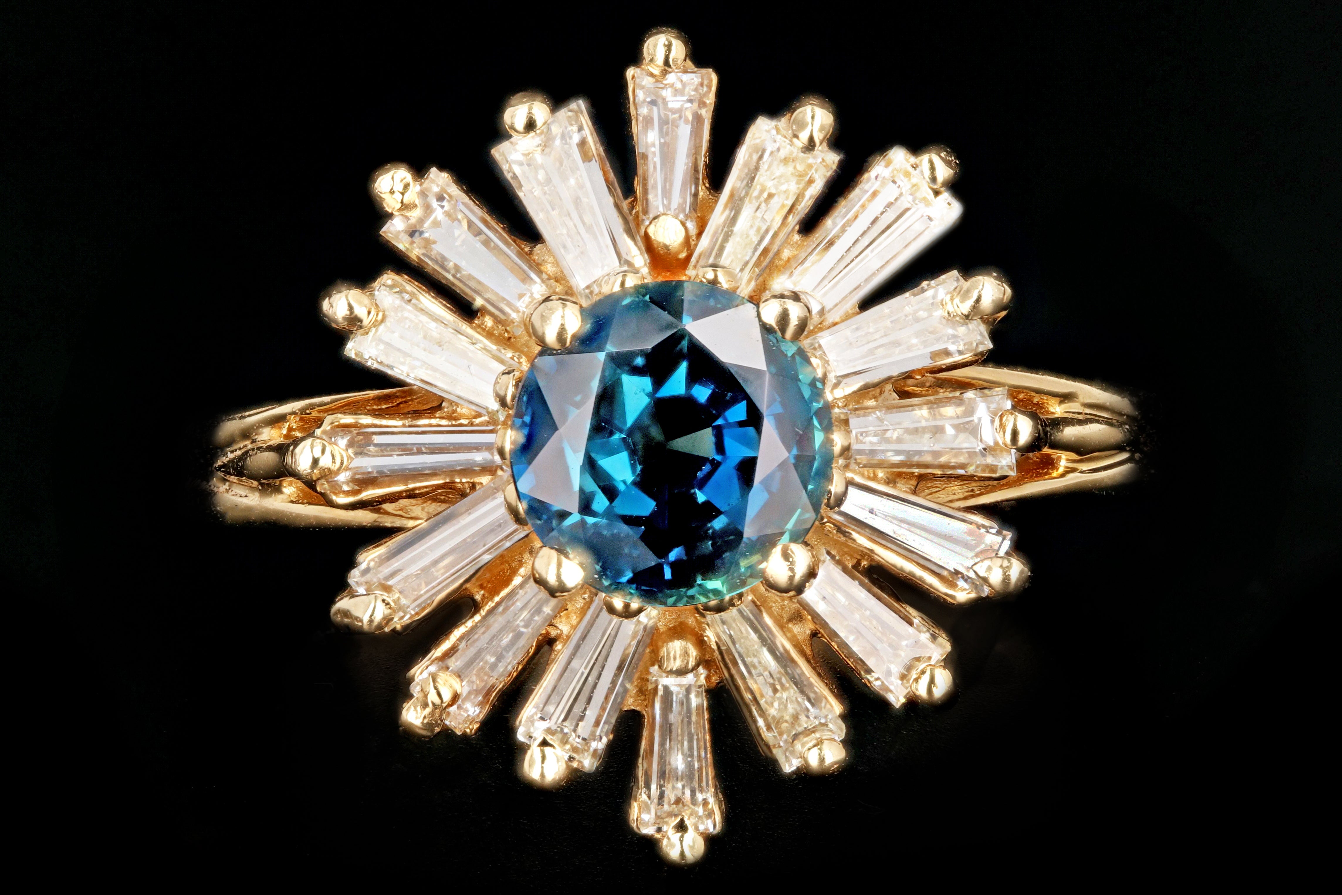 Retro 14K Yellow Gold 1 CT Natural Sapphire and Tapered Baguette Diamond Ring - Queen May