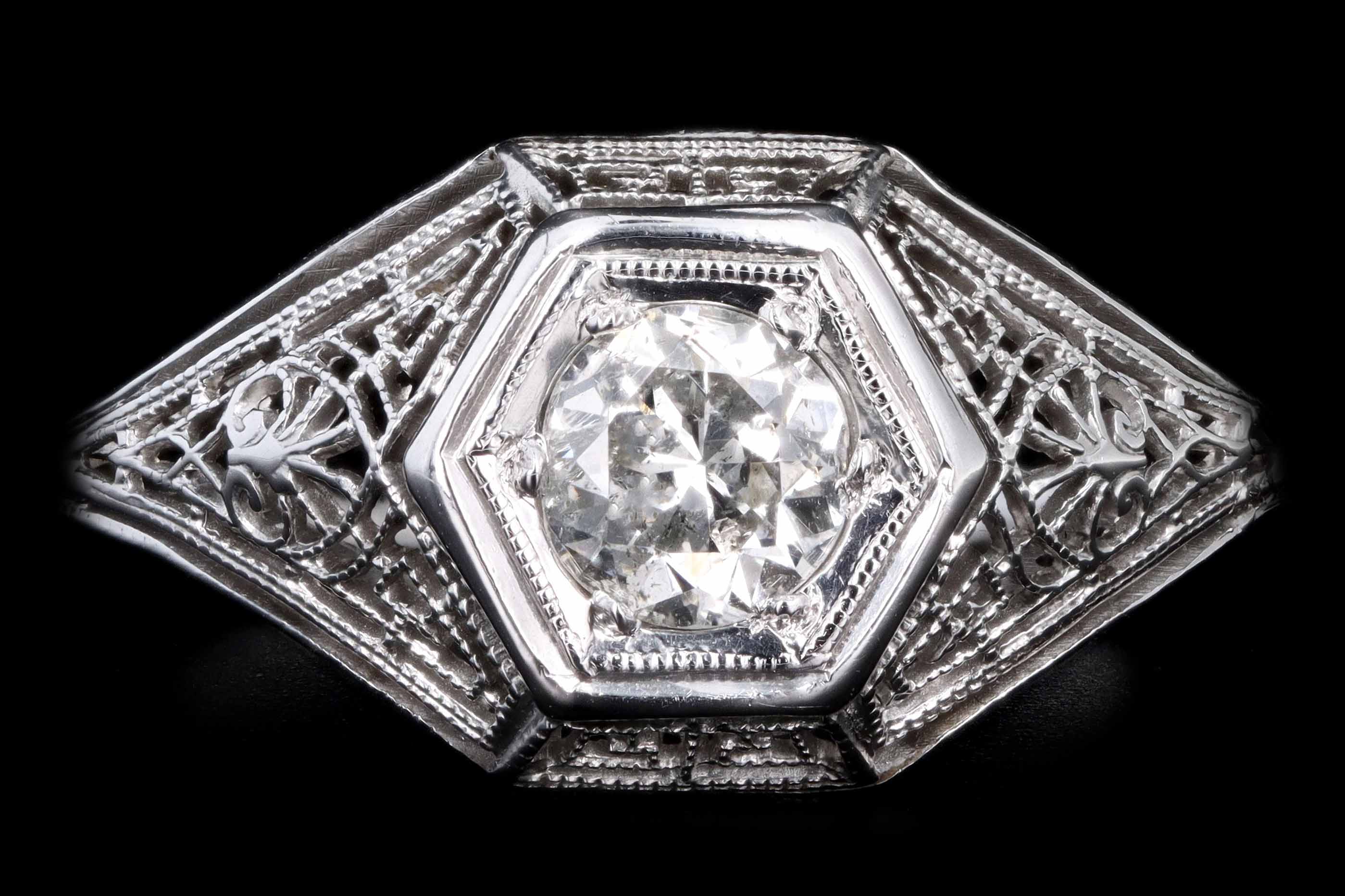 Art Deco 18K White Gold .30 Carat Old European Cut Diamond Filigree Ring - Queen May