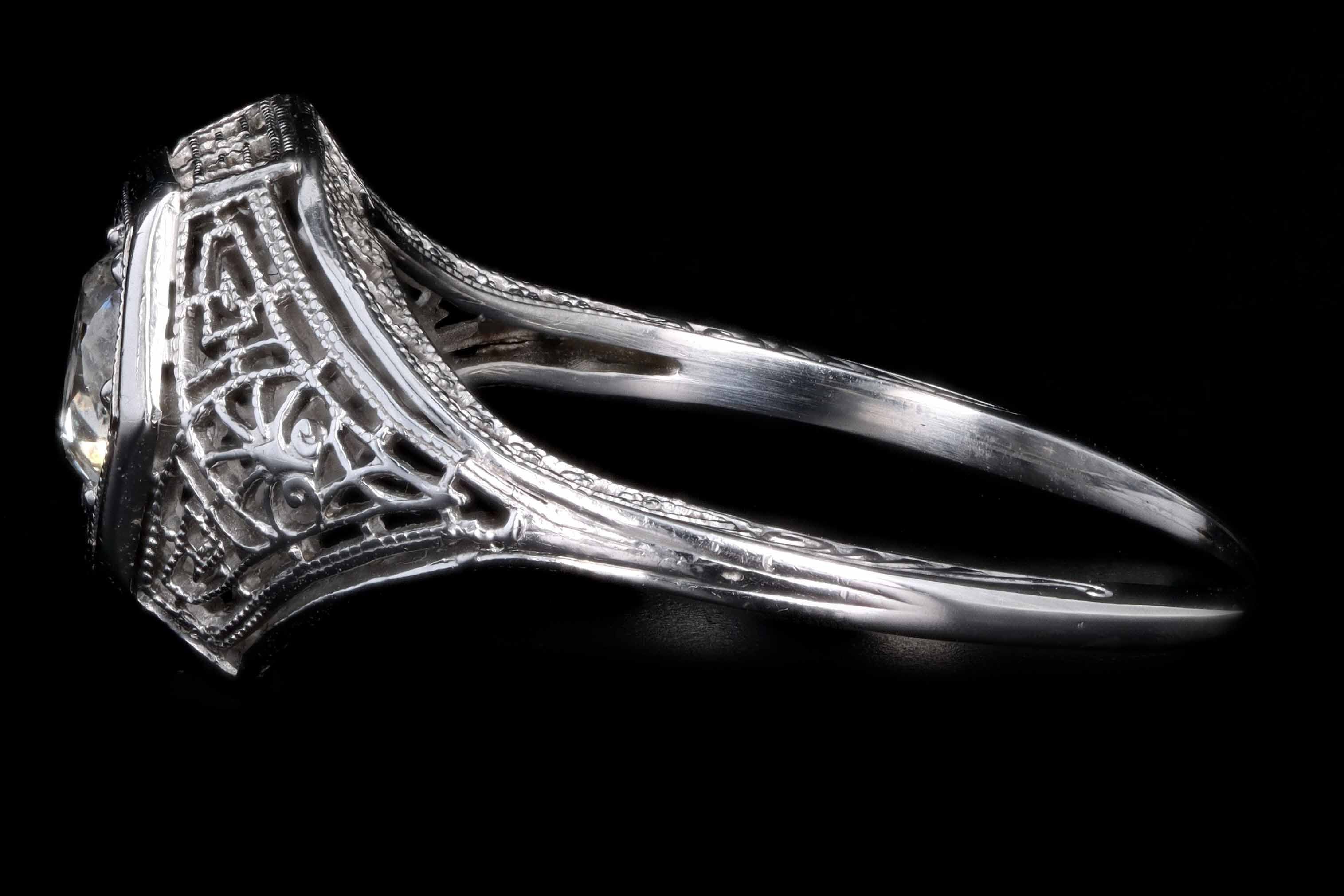 Art Deco 18K White Gold .30 Carat Old European Cut Diamond Filigree Ring - Queen May