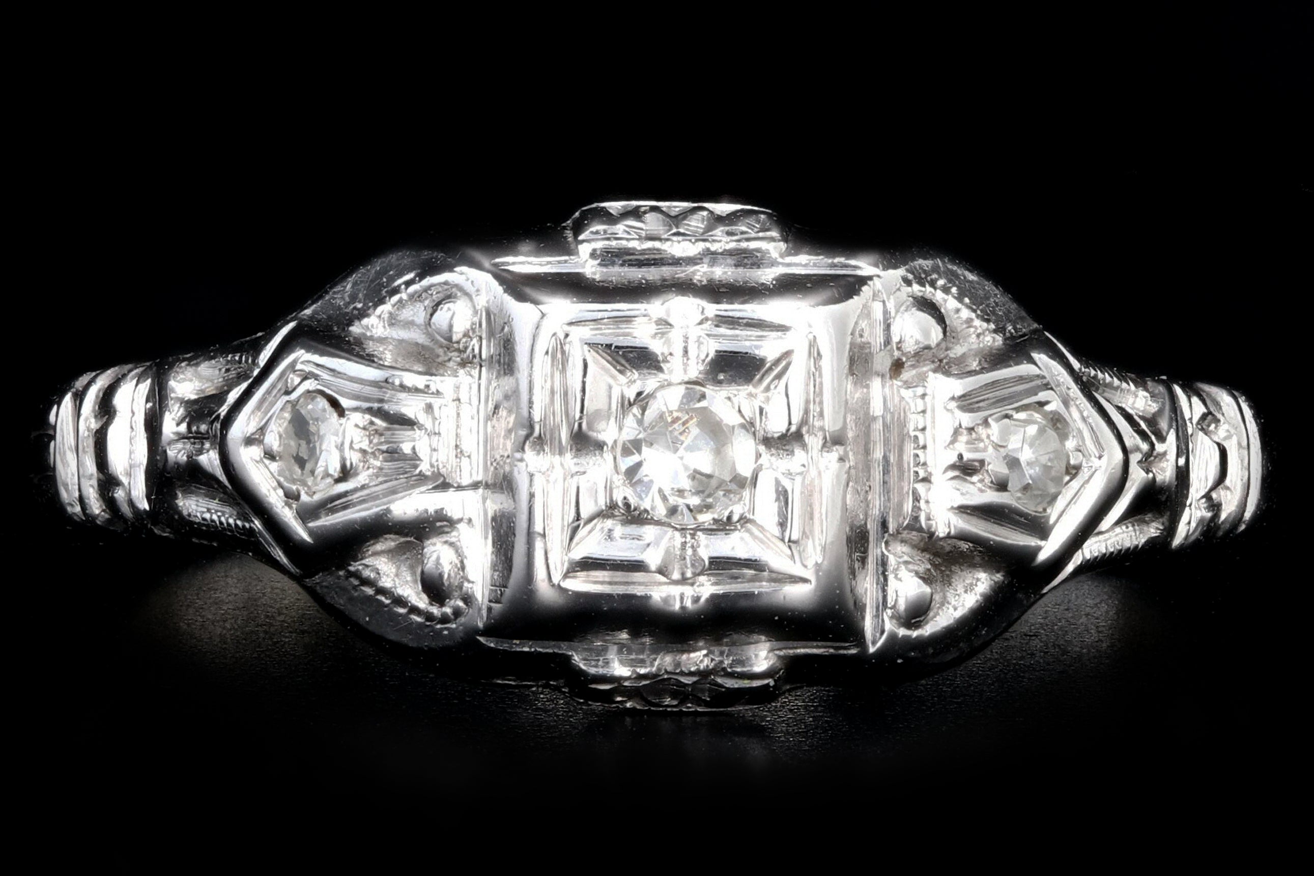 Art Deco 14K White Gold .05CTW Diamond Ring - Queen May