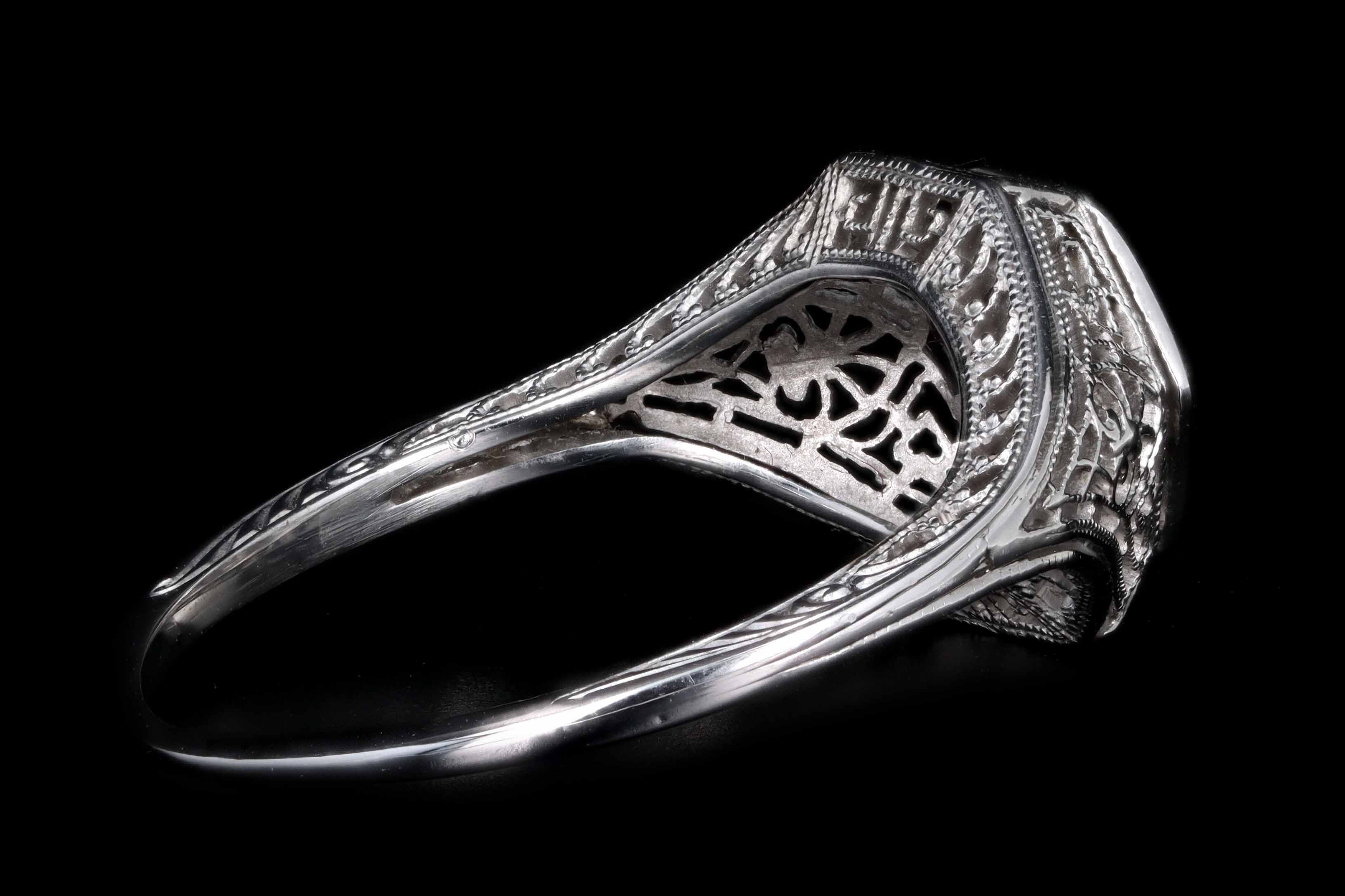 Art Deco 18K White Gold .30 Carat Old European Cut Diamond Filigree Ring - Queen May
