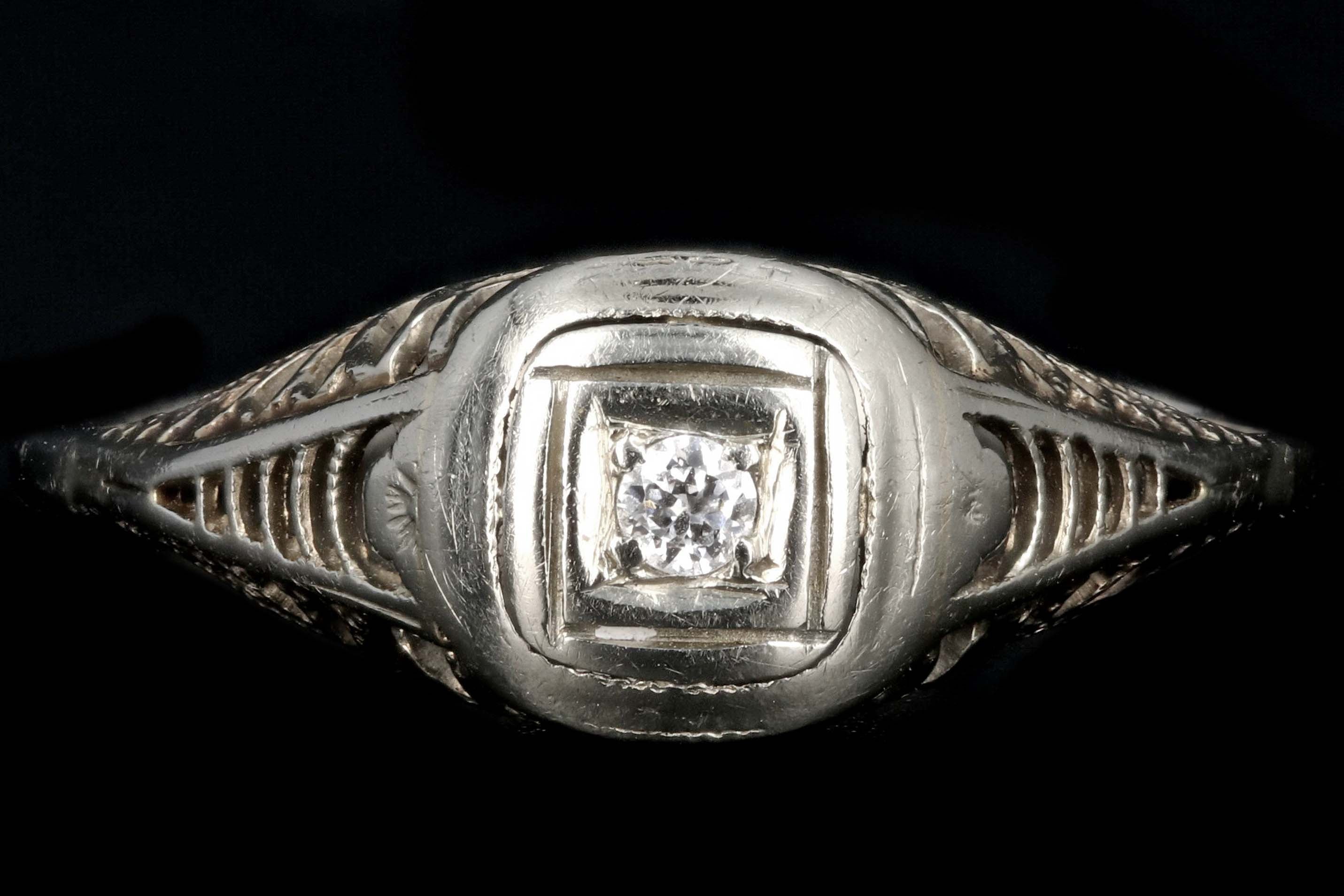 Art Deco 18K White Gold And 14K Shank .04 Carat Diamond Ring - Queen May