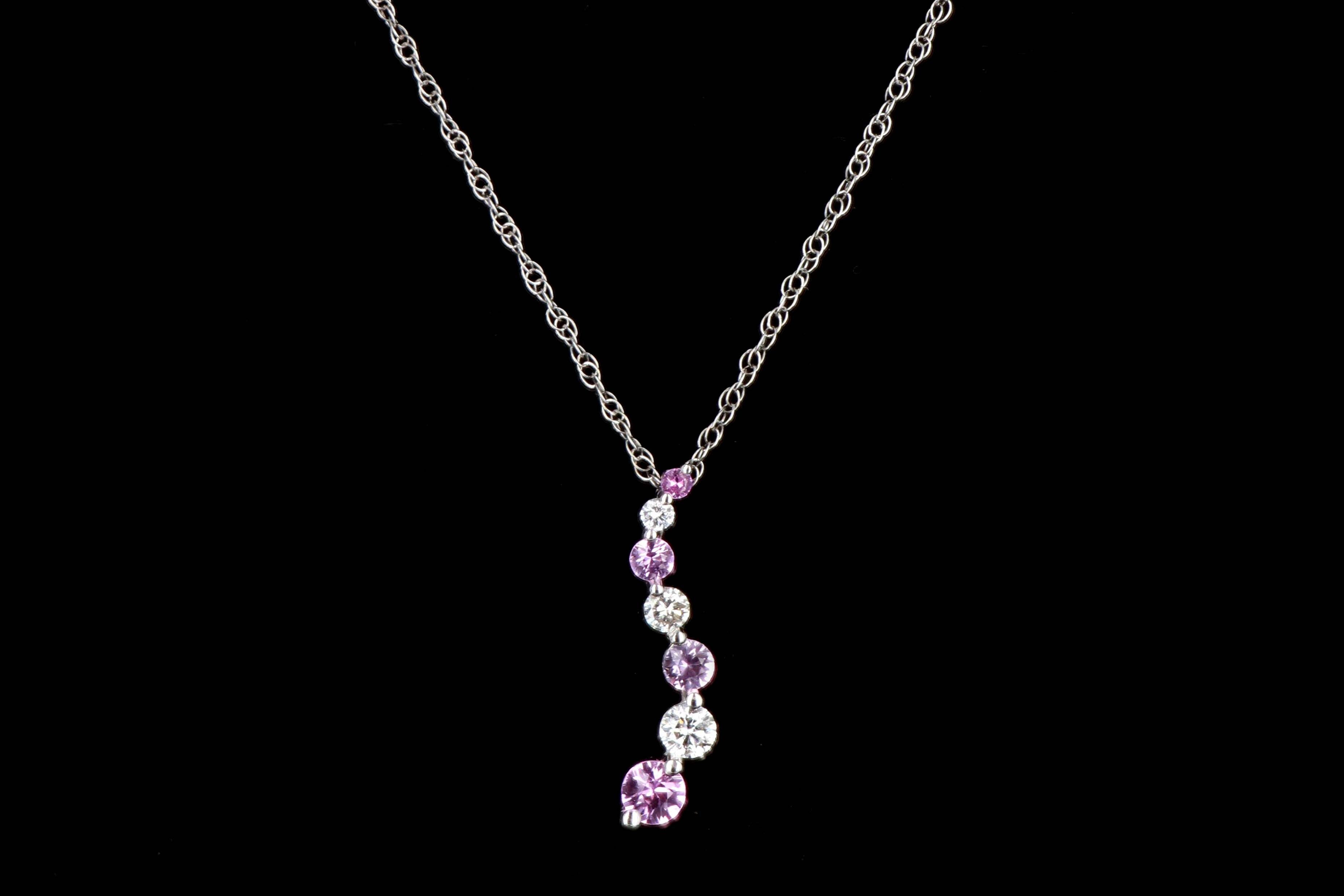 Modern 14K White Gold .20 CTW Diamond and .35 CTW Pink Sapphire Pendant Necklace - Queen May
