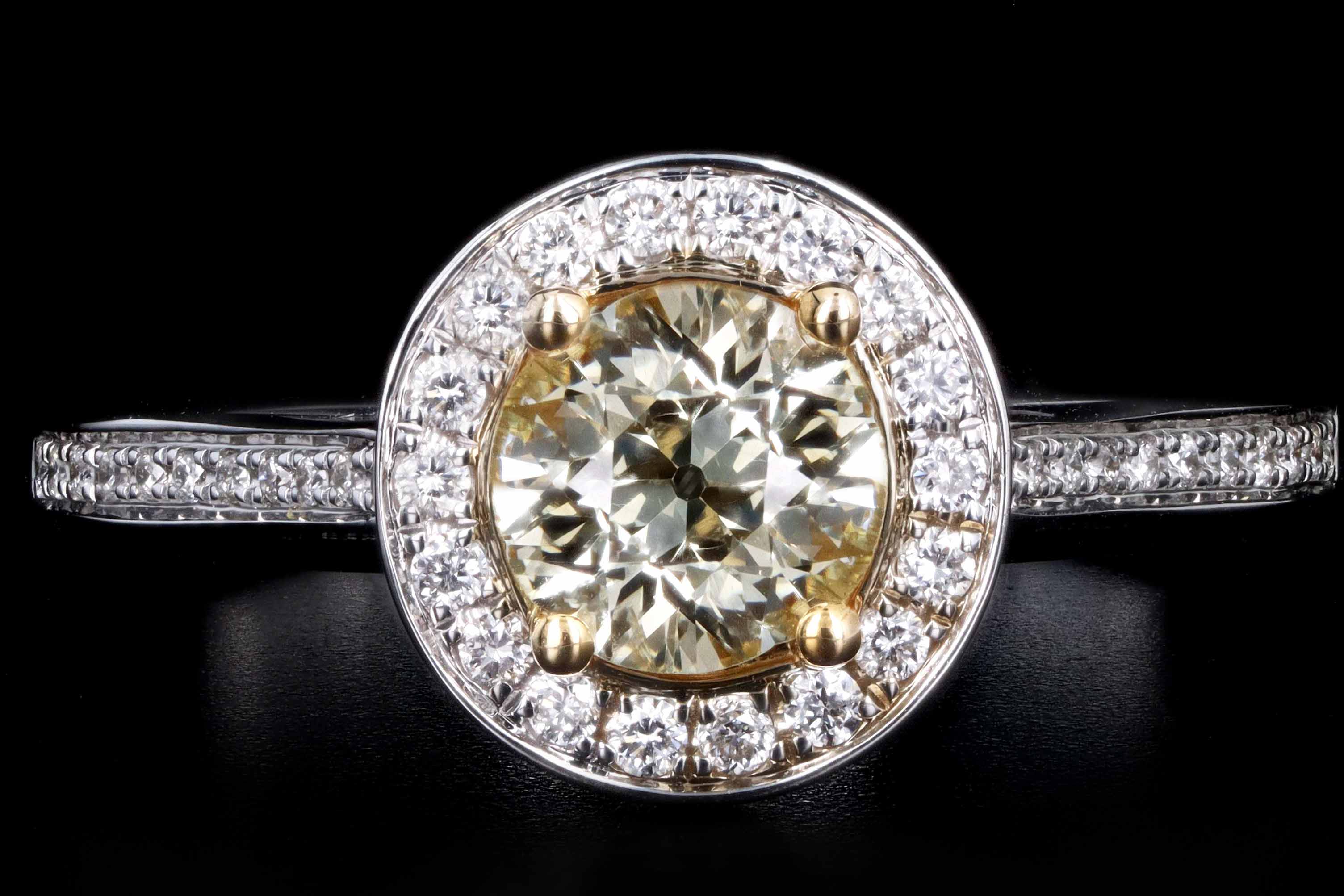 New 14K White Gold .65 Carat Fancy Light Yellow Diamond Halo Ring - Queen May