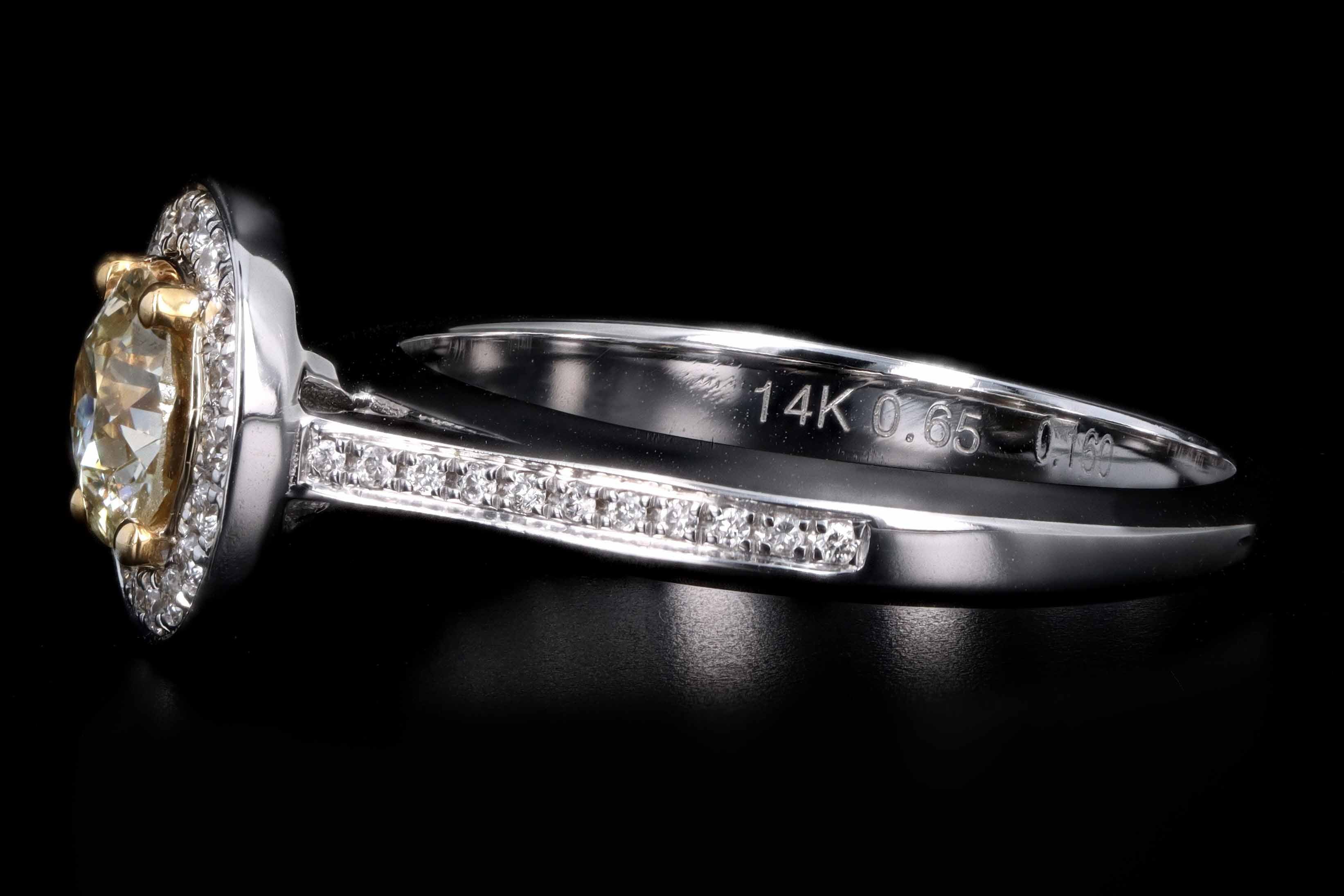 New 14K White Gold .65 Carat Fancy Light Yellow Diamond Halo Ring - Queen May
