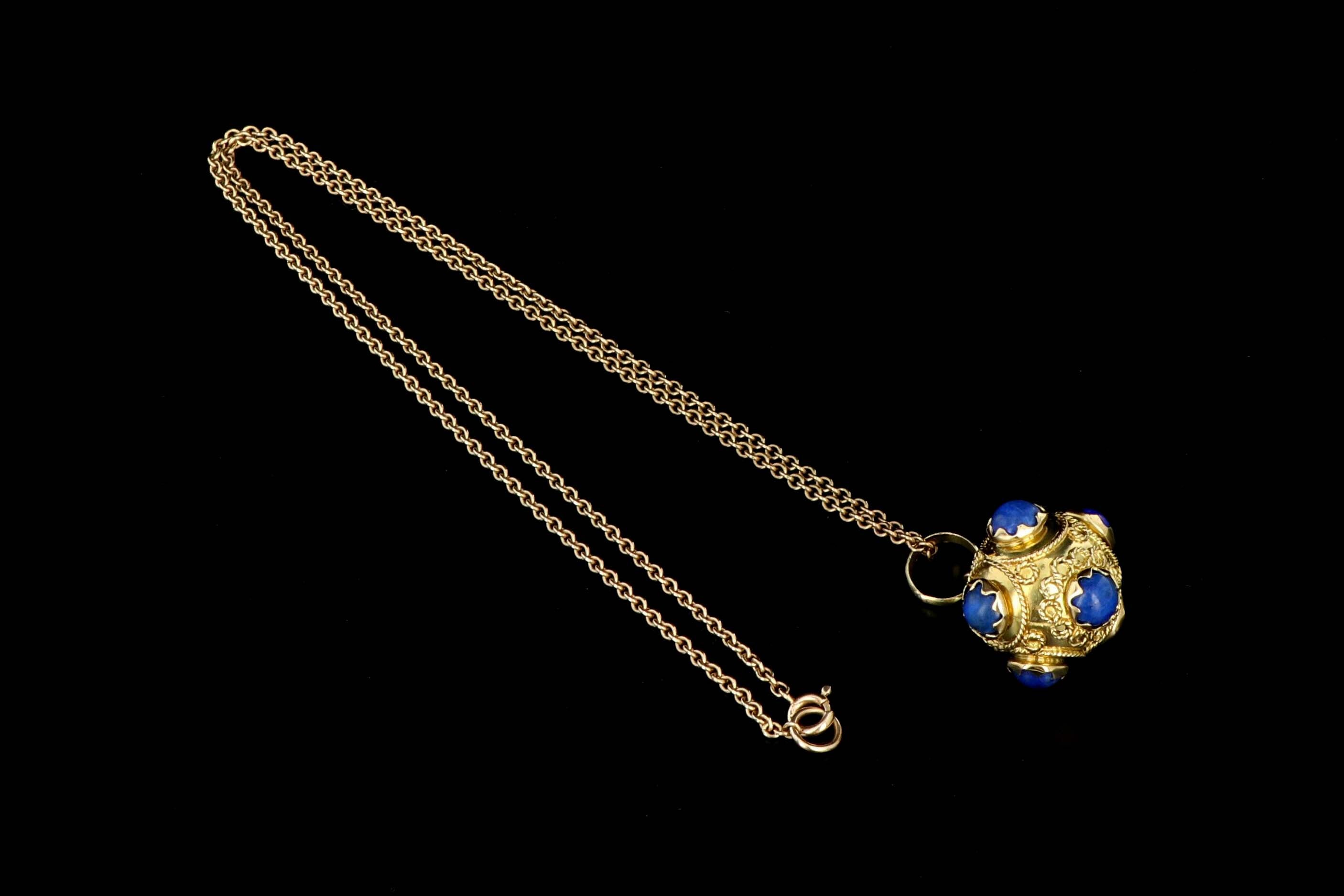 Etruscan Style 18K Yellow Gold Lapis Lazuli Charm and Necklace - Queen May