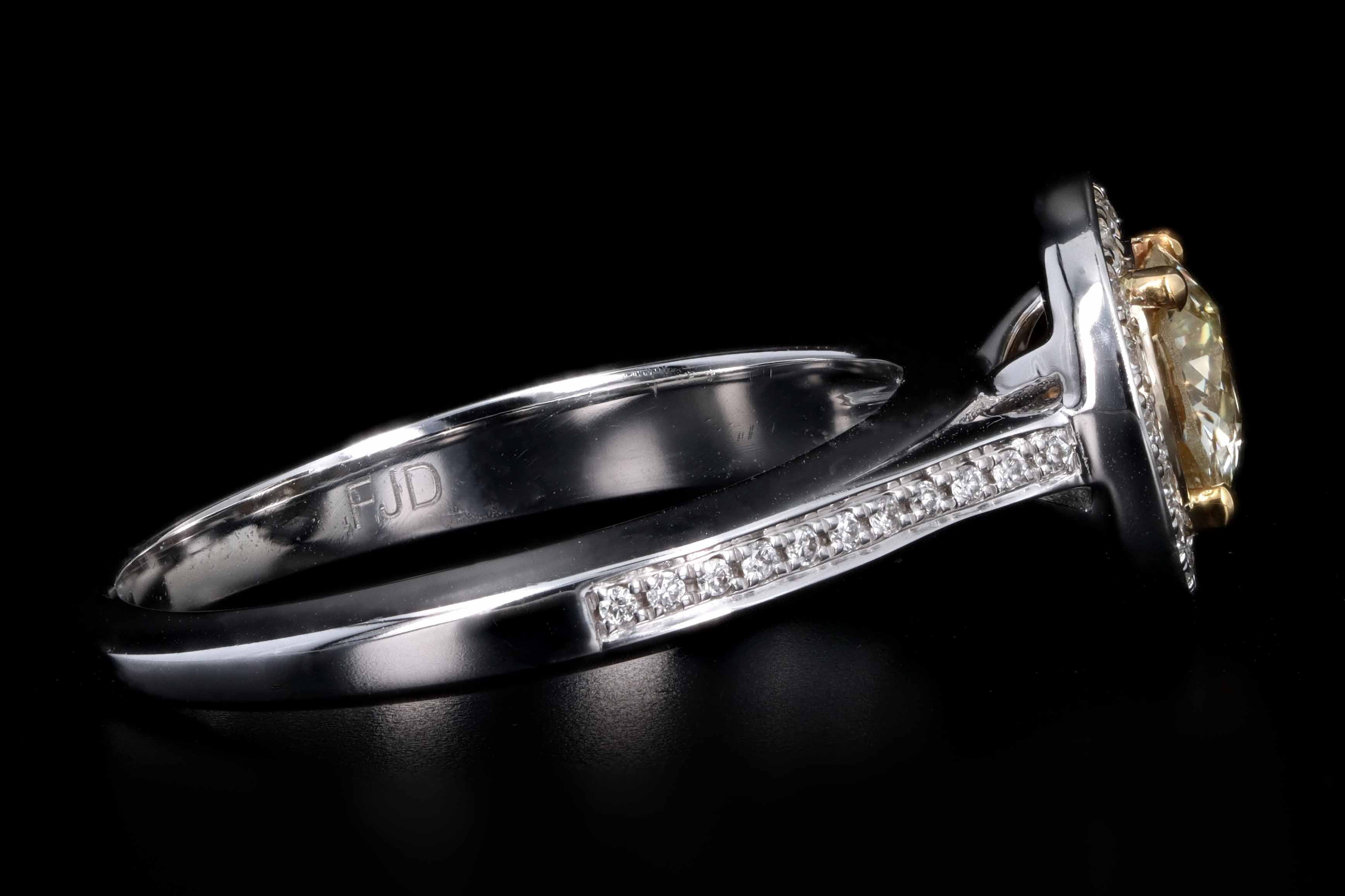 New 14K White Gold .65 Carat Fancy Light Yellow Diamond Halo Ring - Queen May