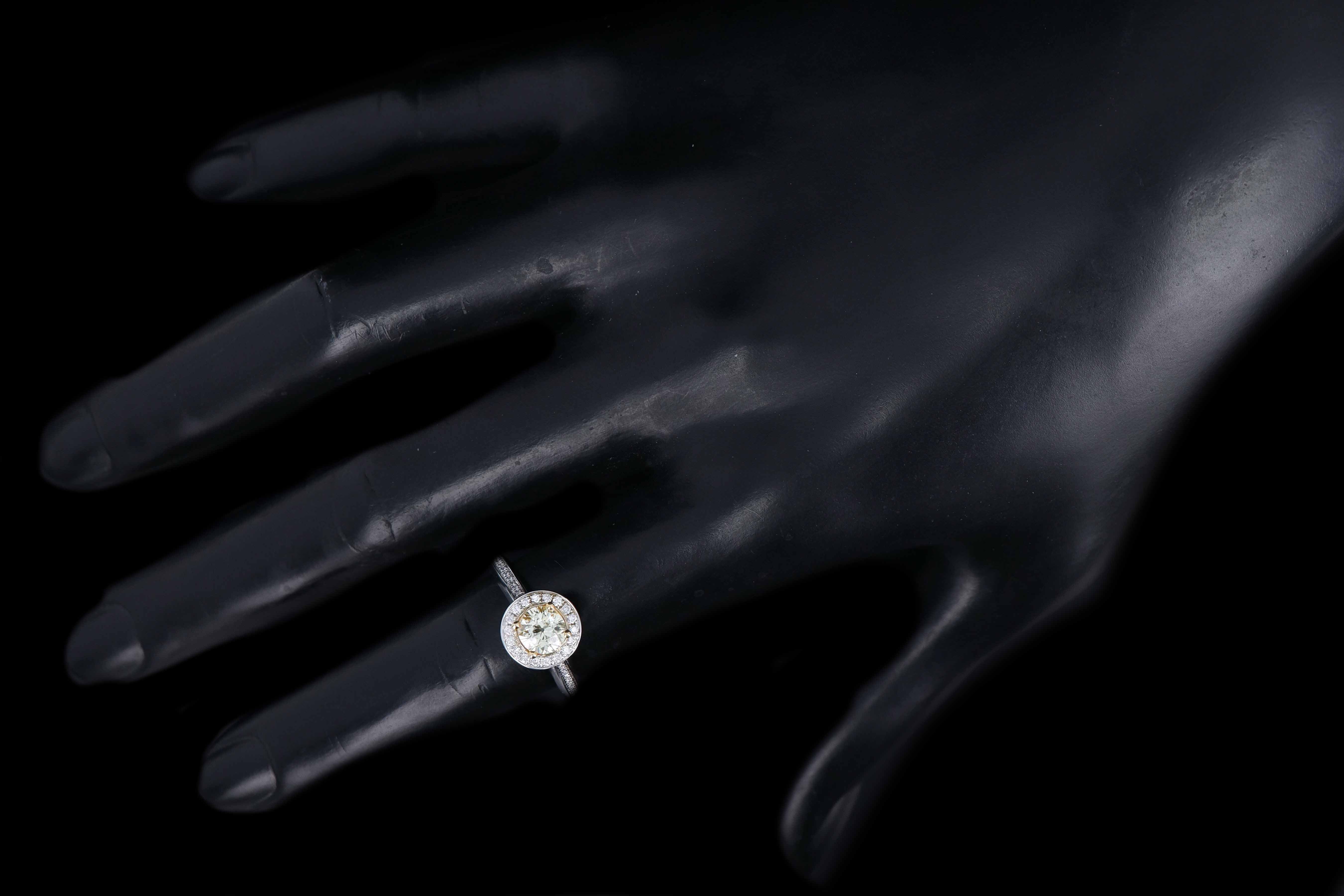 New 14K White Gold .65 Carat Fancy Light Yellow Diamond Halo Ring - Queen May