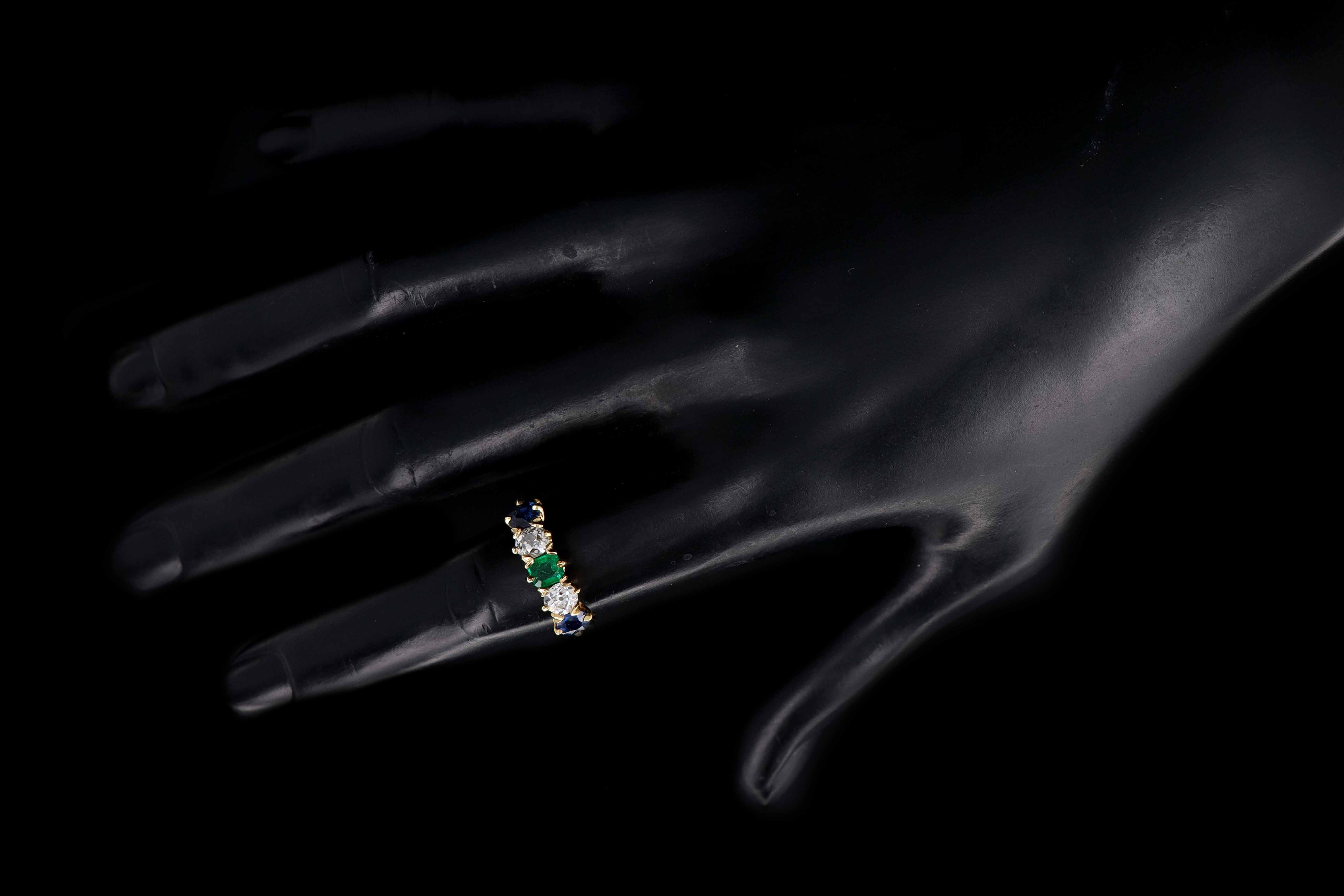 Victorian 18K Yellow Gold Diamond Sapphire & Emerald 5 Stone Half Band Size 7.25 - Queen May