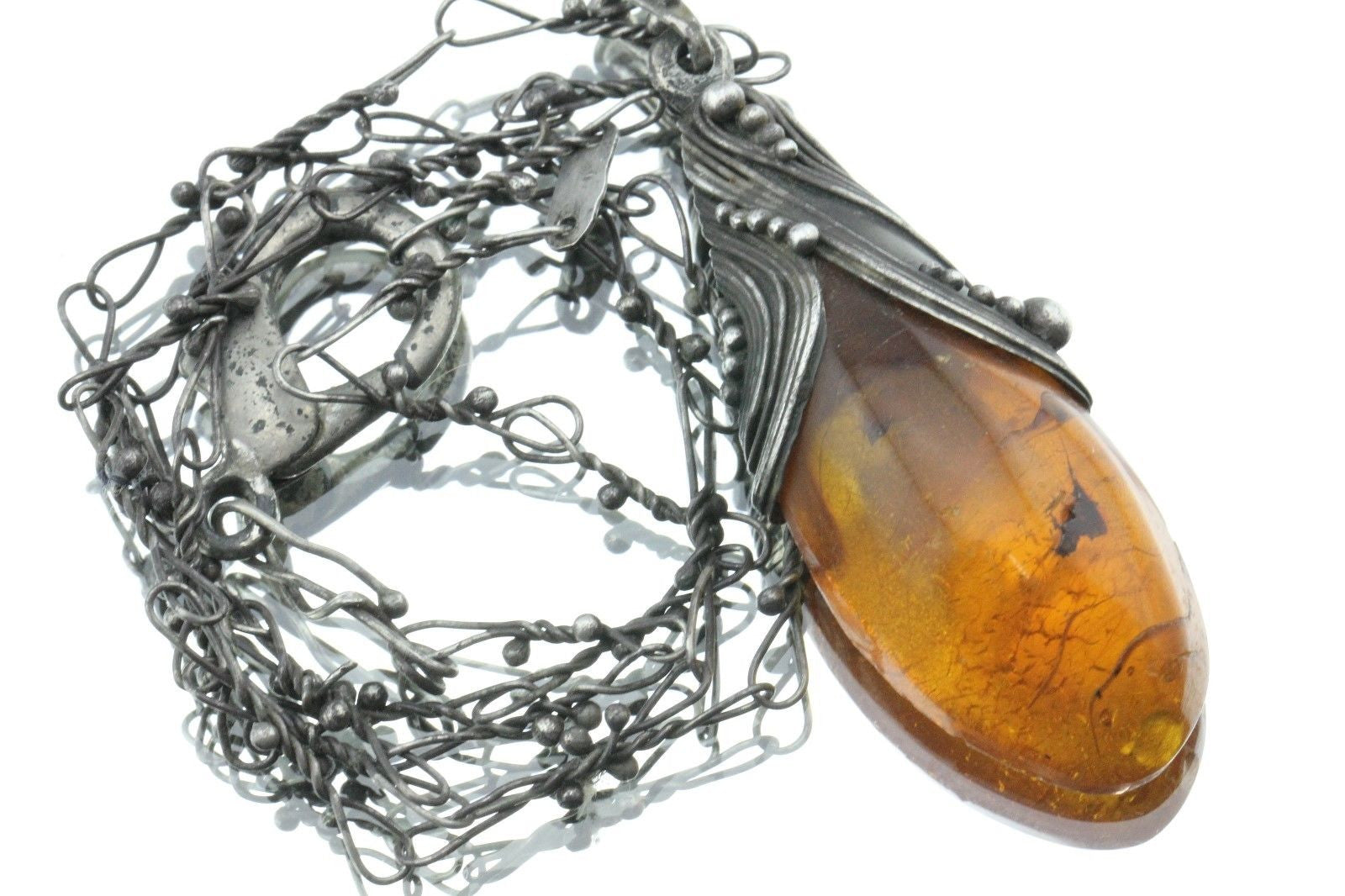 Vintage 800 Silver Amber Hand Made Poland Necklace Pendant Set Signed - Queen May