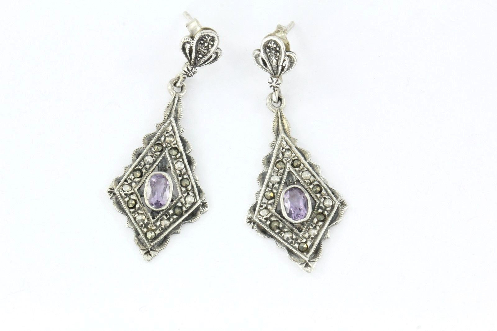 Vintage Sterling Silver Marcasite & Lilac Purple Amethyst Dangle Earrings - Queen May