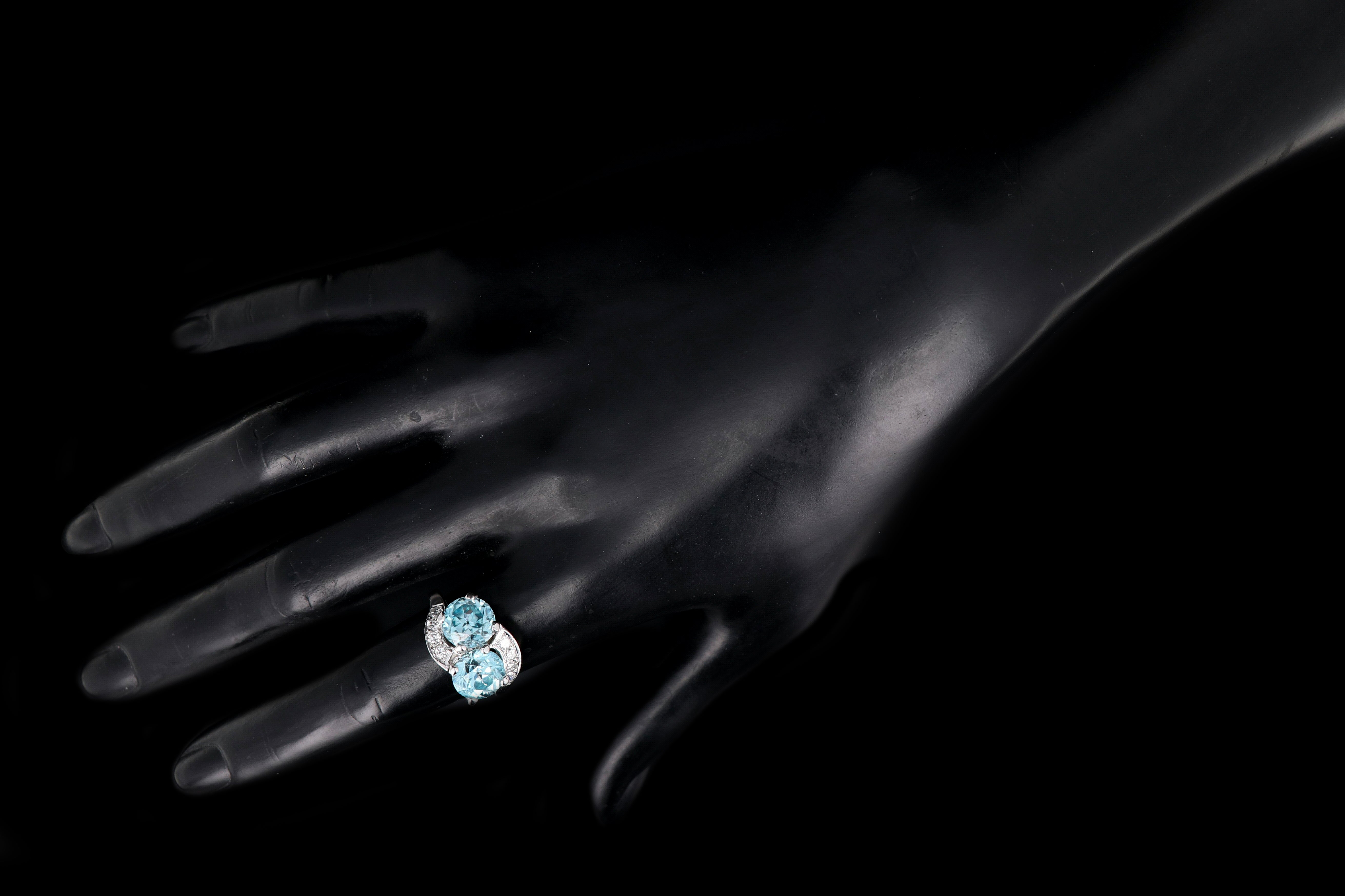 Mid Century 14K White Gold Blue Zircon and Diamond Ring - Queen May
