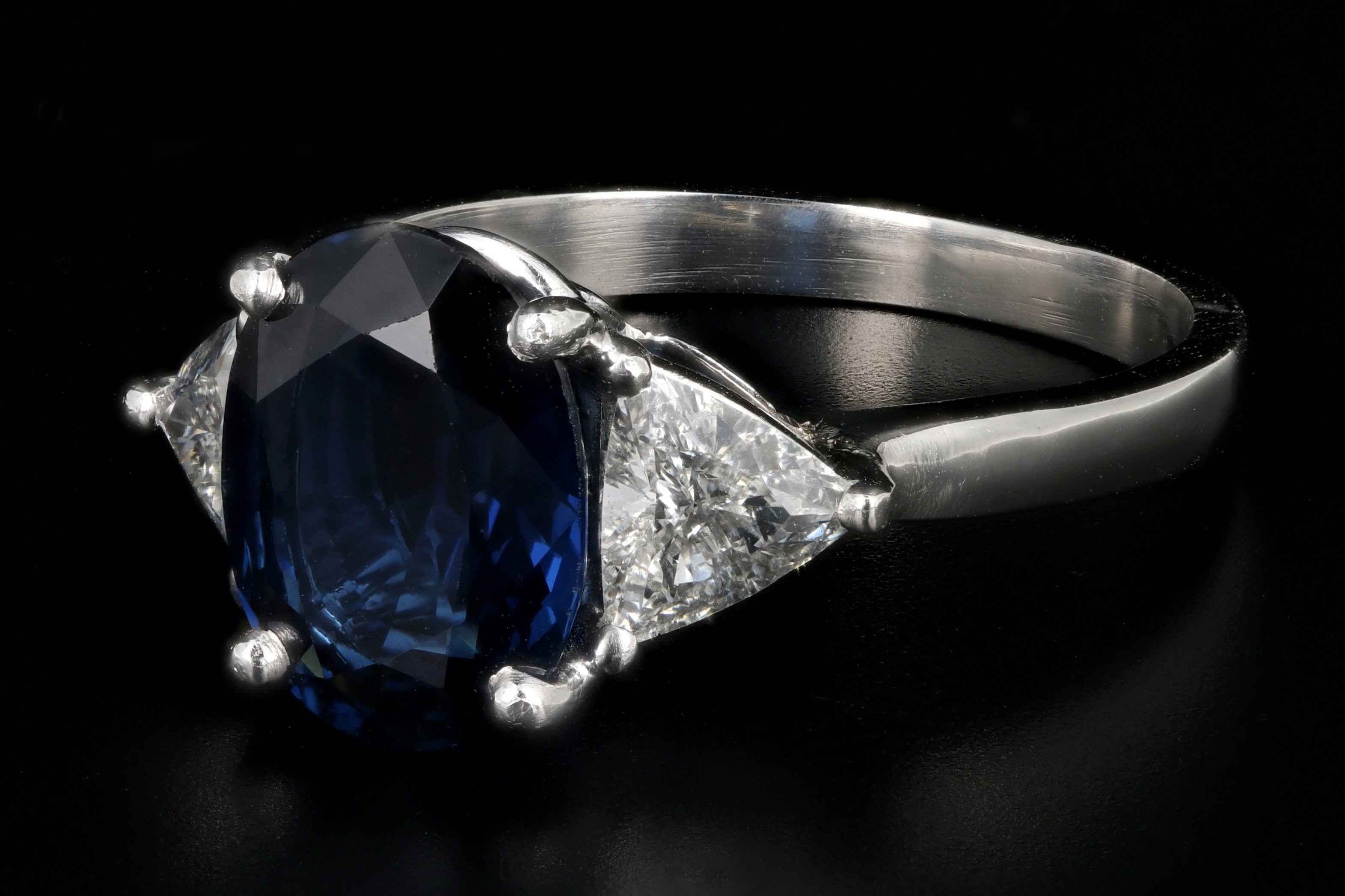 New Platinum 3.30 Carat Natural Ethiopian Sapphire & Trillion Cut Diamond Ring GIA Certified - Queen May