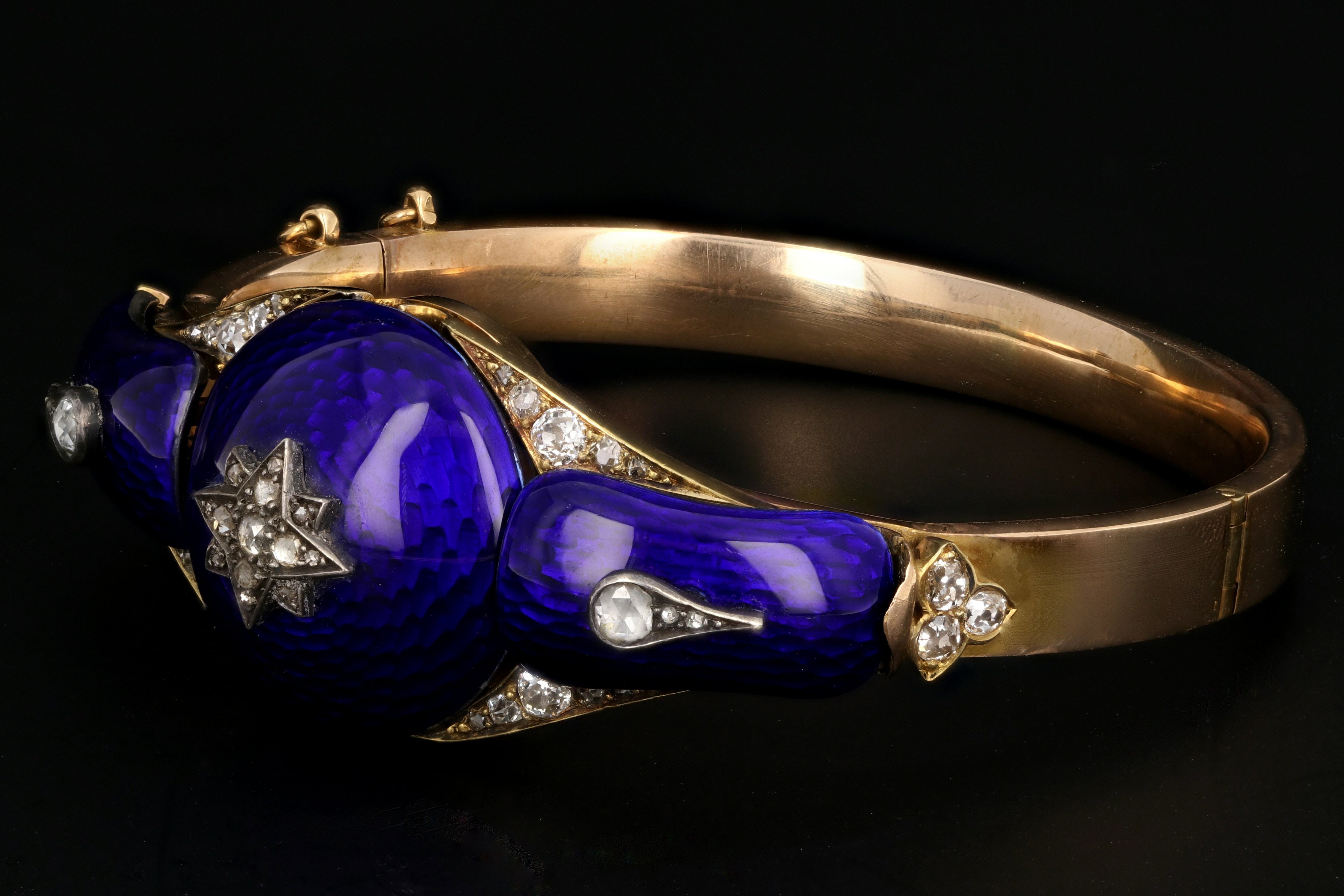Victorian Yellow Gold Blue Enamel & Rose Cut Diamond Bangle - Queen May
