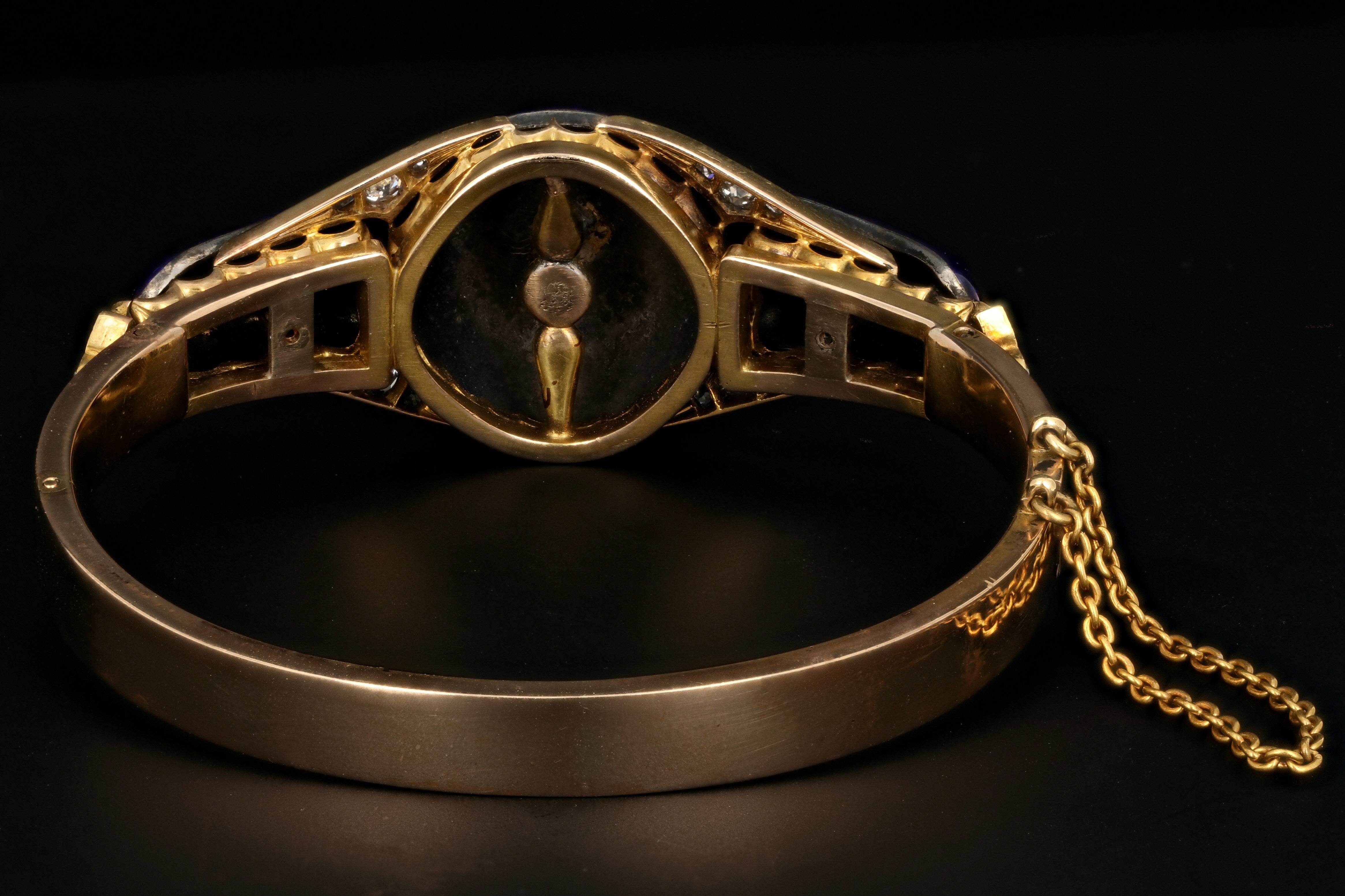 Victorian Yellow Gold Blue Enamel & Rose Cut Diamond Bangle - Queen May