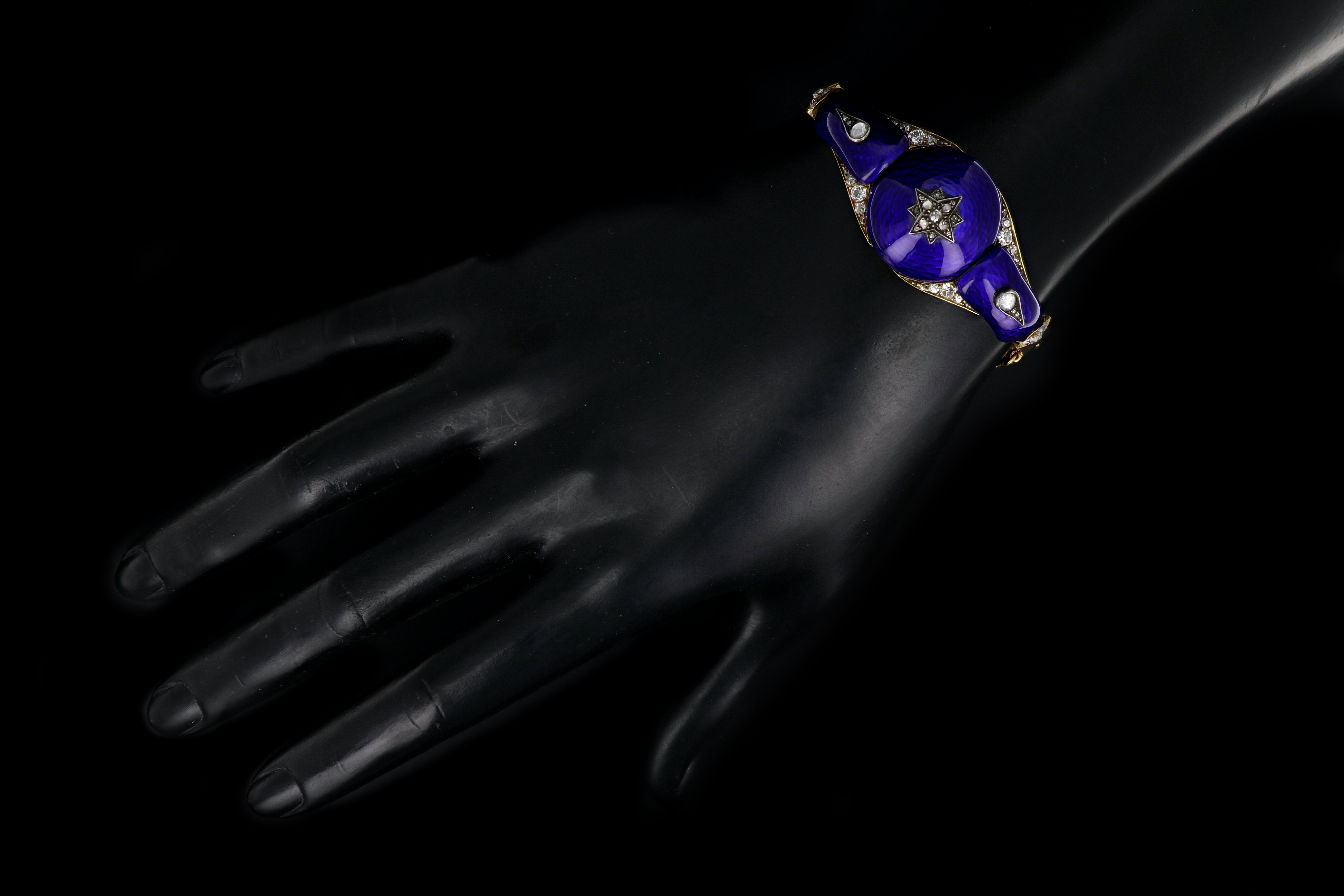 Victorian Yellow Gold Blue Enamel & Rose Cut Diamond Bangle - Queen May