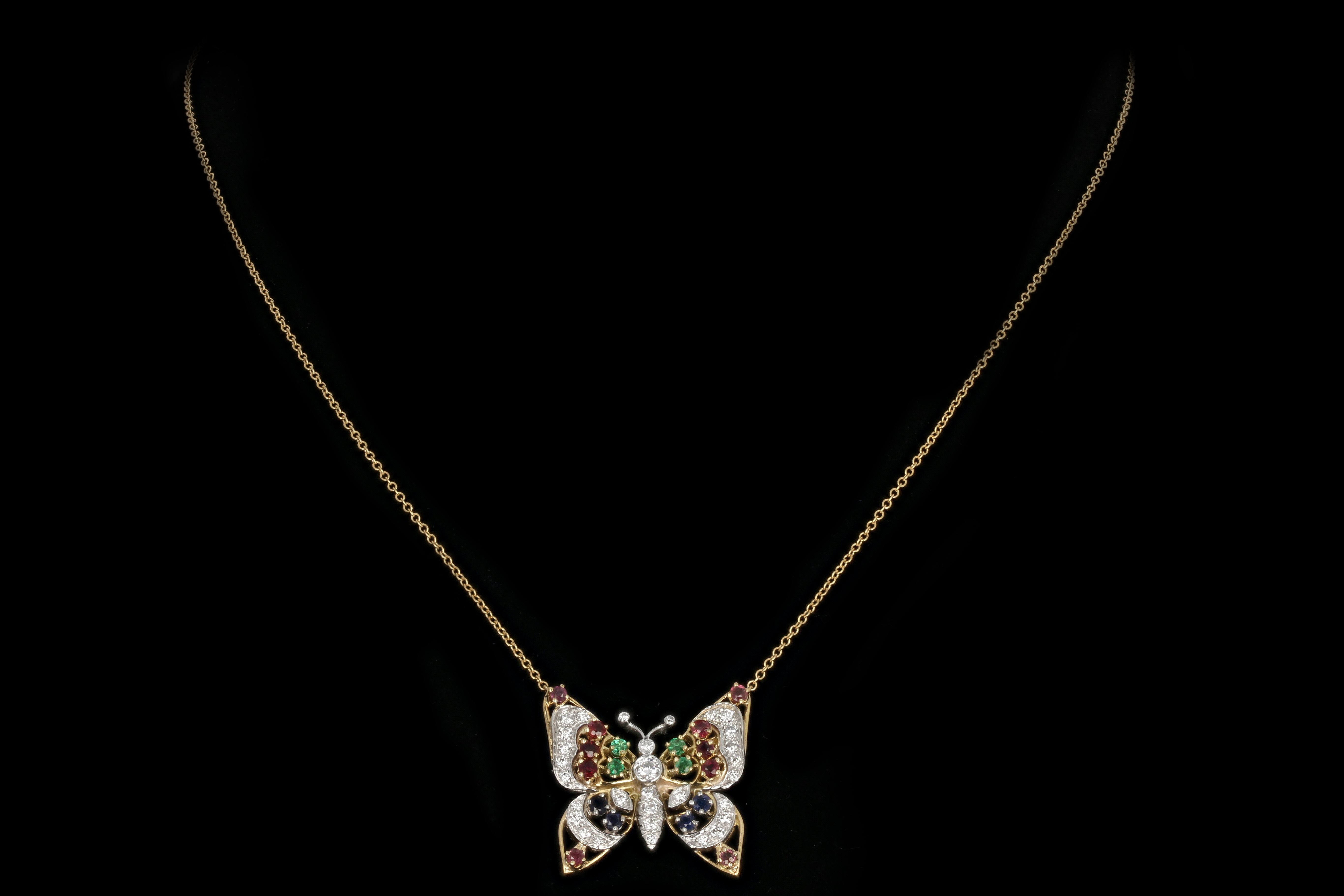 Modern 18K Yellow Gold Butterfly Necklace with .40 Carat Diamonds, Emeralds, Sapphires, and Rubies - Queen May