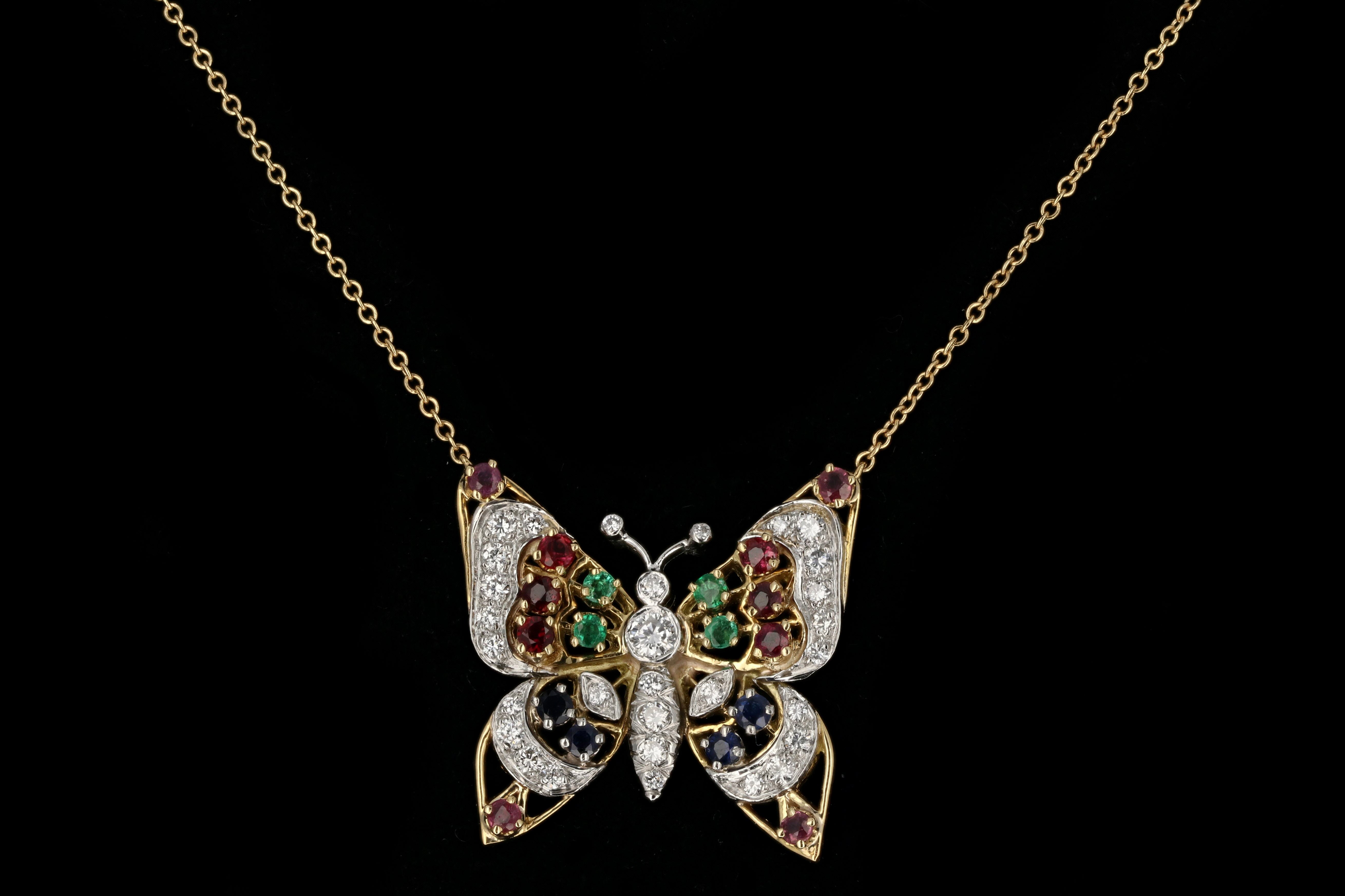 Modern 18K Yellow Gold Butterfly Necklace with .40 Carat Diamonds, Emeralds, Sapphires, and Rubies - Queen May